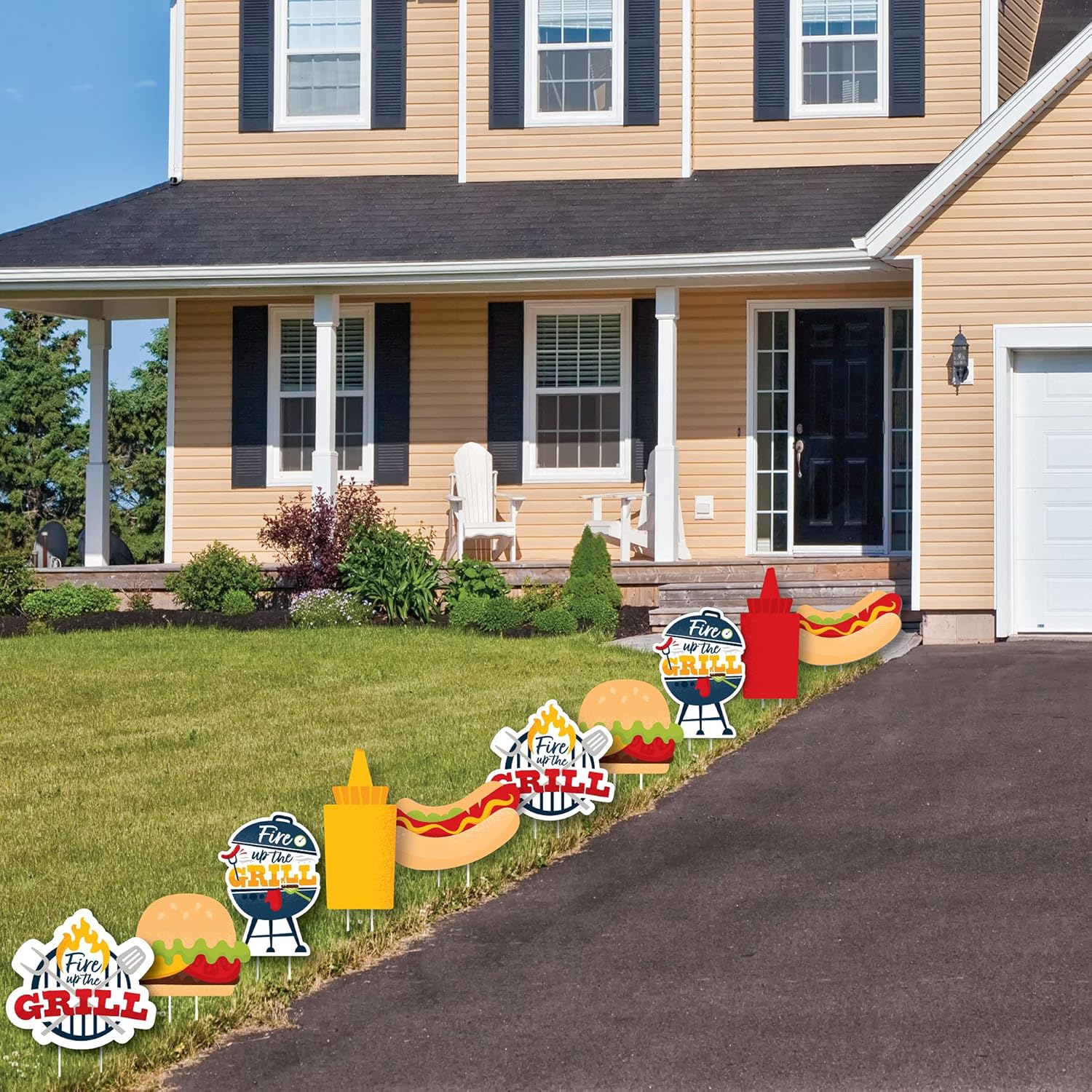 Big Dot of Happiness Fire Up the Grill - Grill, Ketchup, Mustard, Hot Dog, and Burger Lawn Decorations - Outdoor Summer BBQ Picnic Party Yard Decorations - 10 Piece