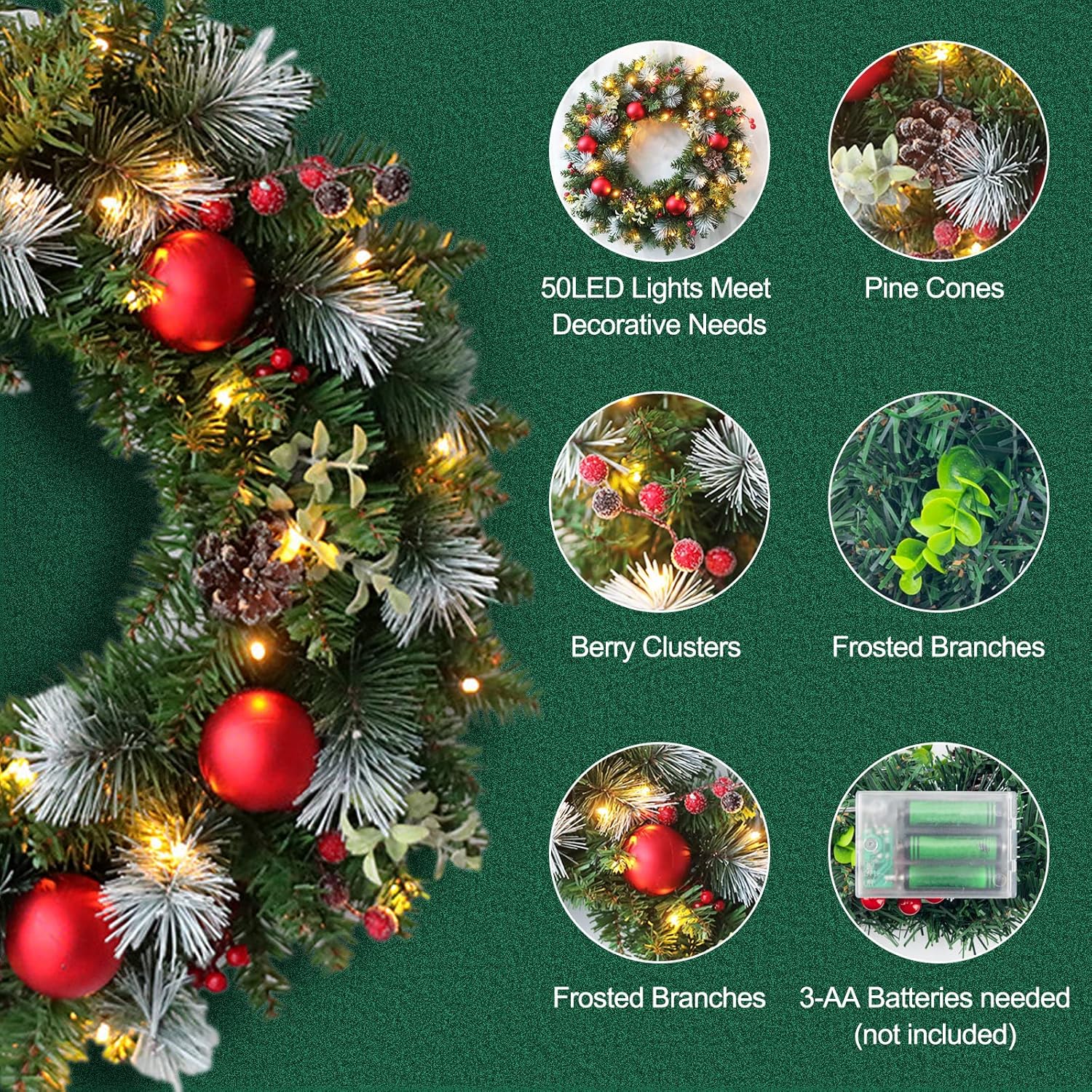 Pre-Lit 20" Green and Red Artificial Christmas Wreath with Pine Cones and Berries