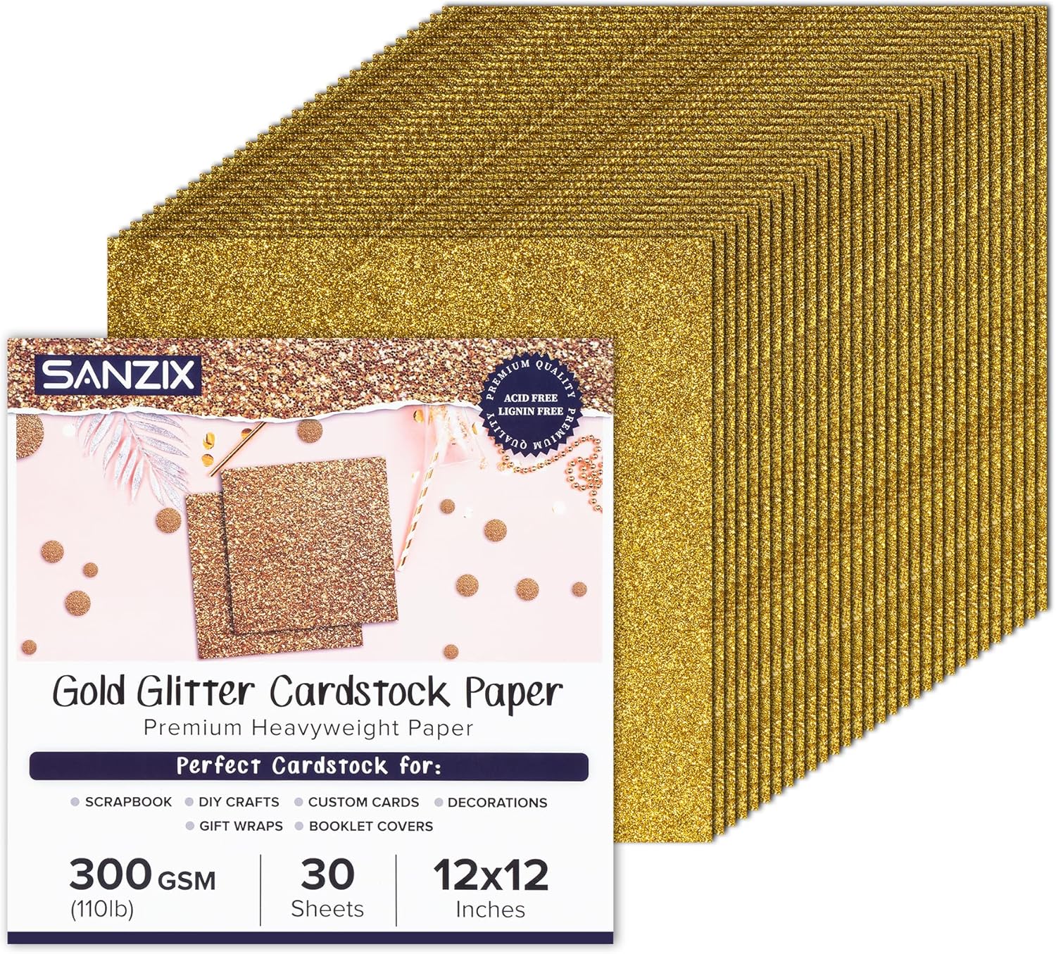 SANZIX Gold Glitter Cardstock 12x12” 30 Sheets 1 Color