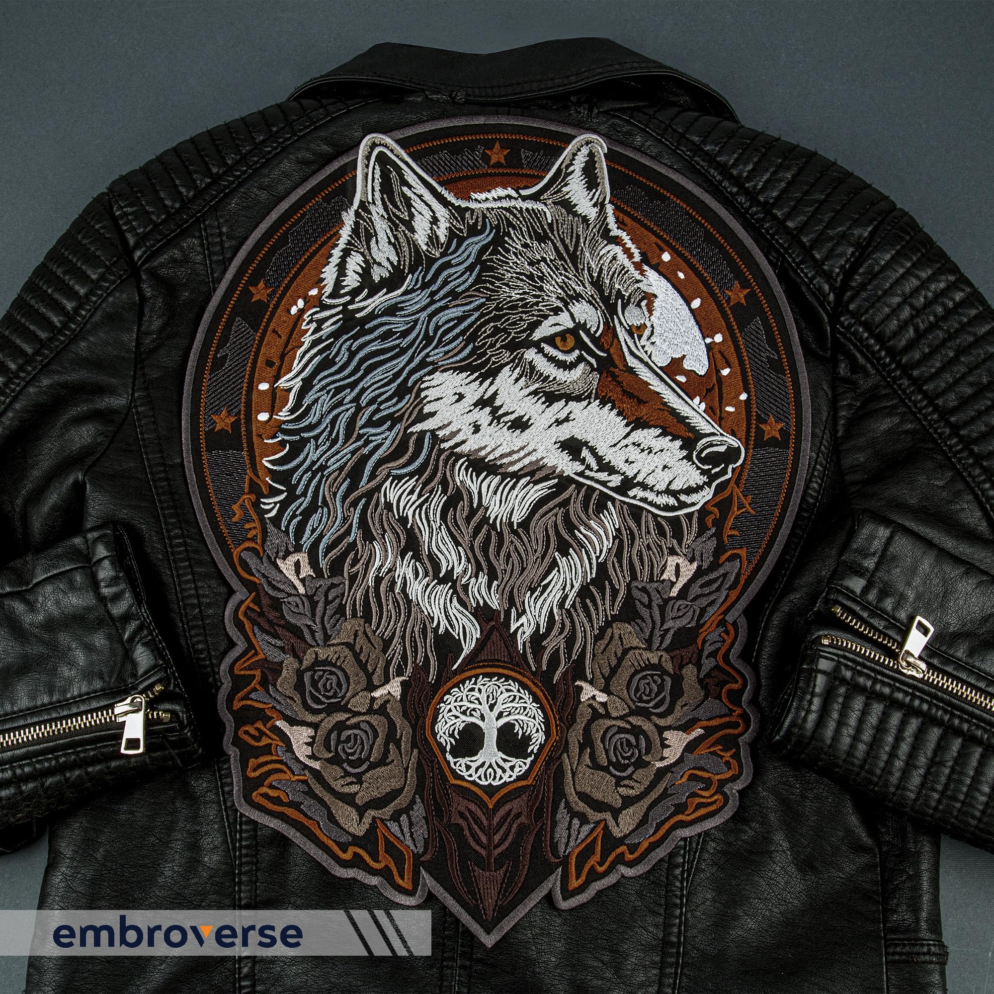 EMBROVERSE Totem Wolf Lebensbaum Rückenaufnäher, Bestickt zum Aufbügeln