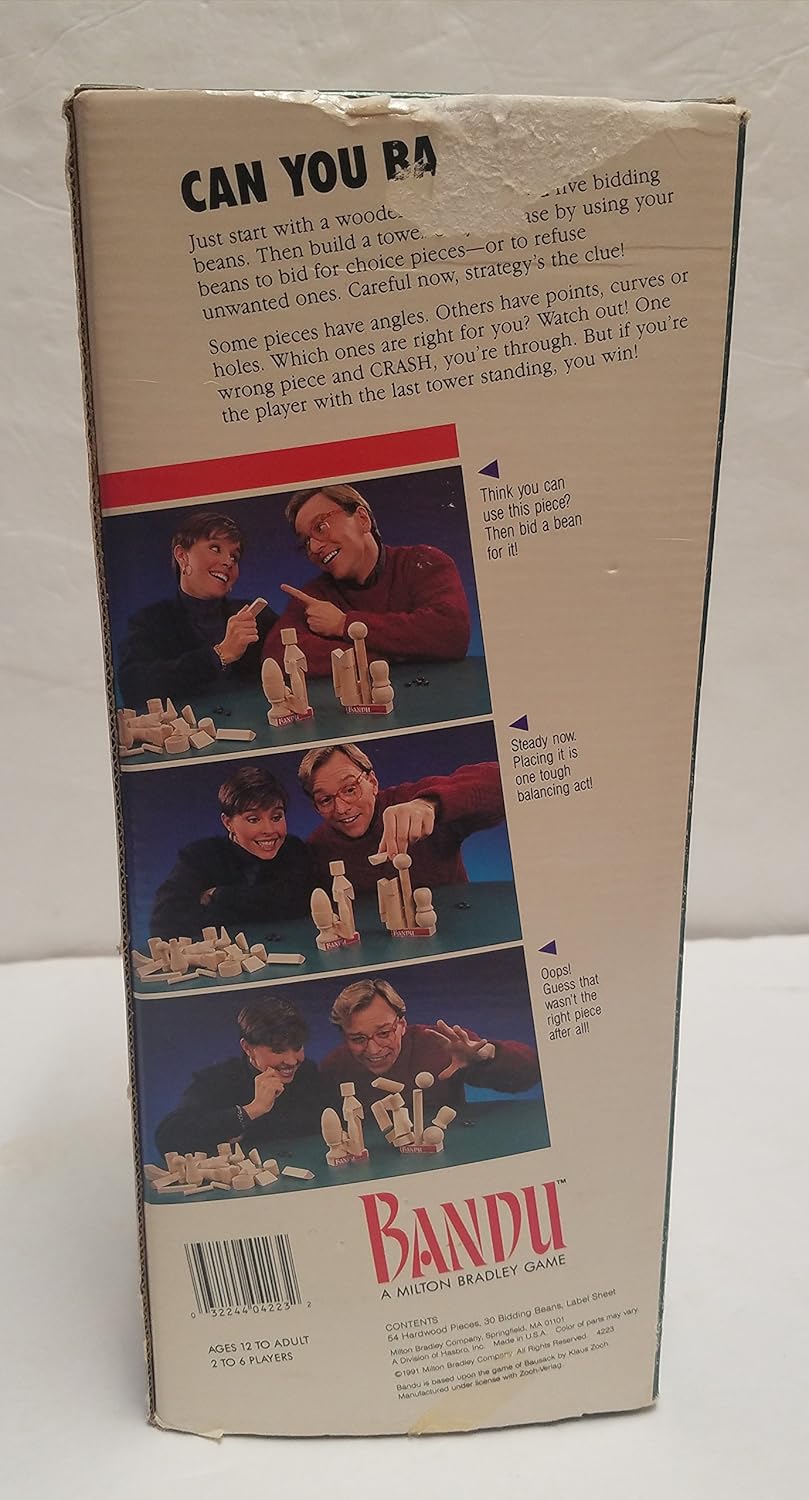 Back of Bandu game box showing three small images of people playing the game, stacking wooden blocks.