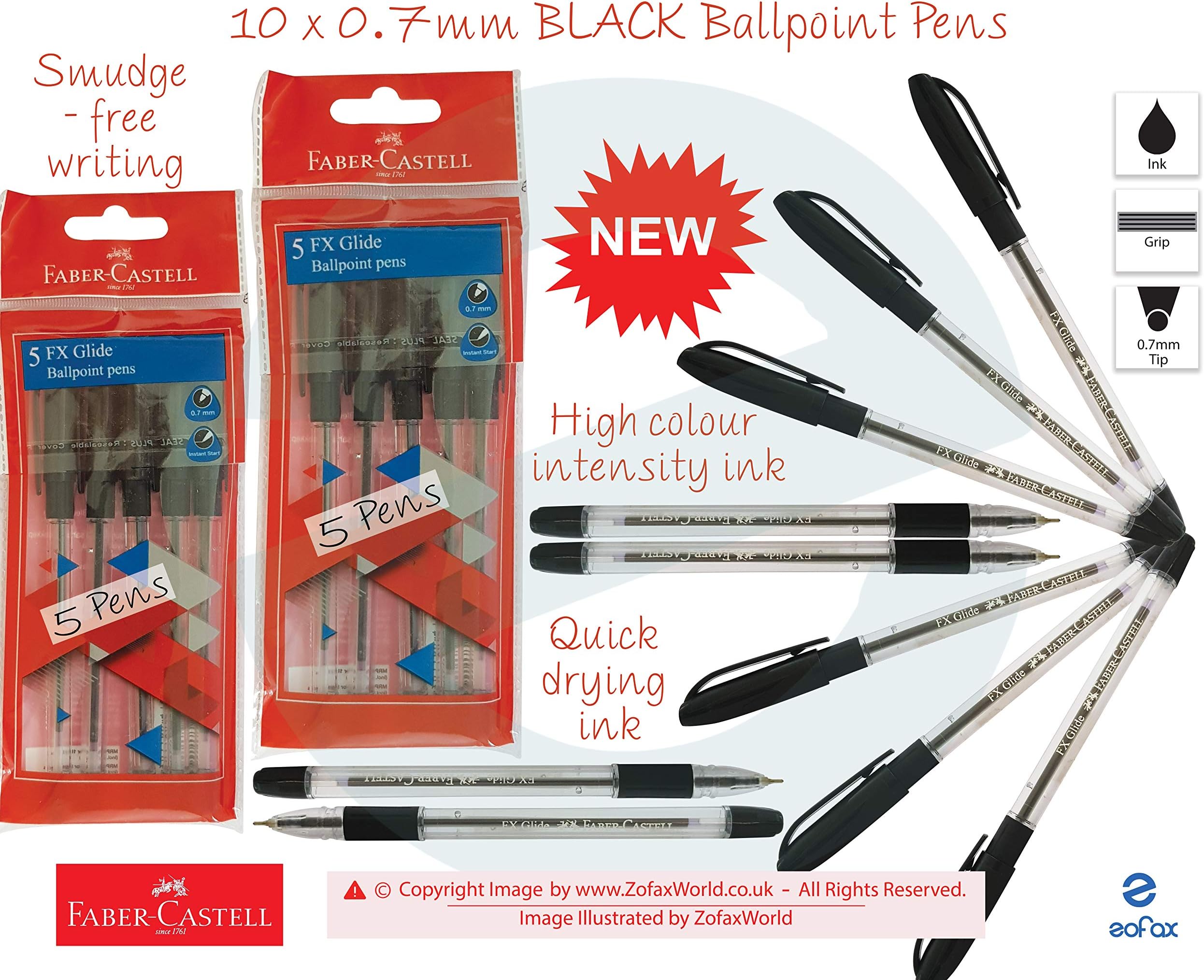 10 x 0.7mm FABER CASTELL FX Glide BLACK Ballpoint Pens Smudge Free Soft Grip