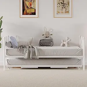 Daybed with Trundle - Metal Twin Size Sofa Bed Frame with Headboard, Foldable Trundle, Heavy Duty Steel Slats, White