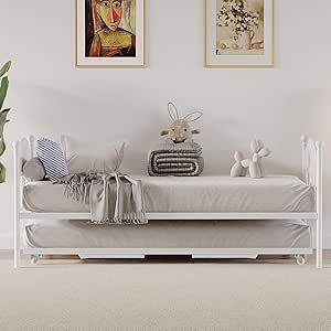 Daybed with Trundle - Metal Twin Size Sofa Bed with Headboard, Foldable Trundle, Heavy Duty Steel Slats, White