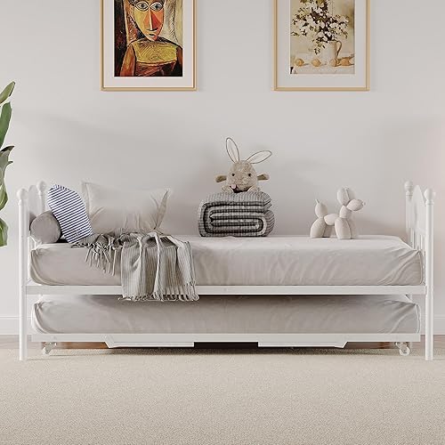 Daybed with Trundle, Metal Twin Size Day Bed with Stylish Headboard, Sofa BedFrame with Pop Up Foldable Trundle Bed, Heavy Duty Steel Slats Platform for Living Room, Bedroom and Guest Room, White