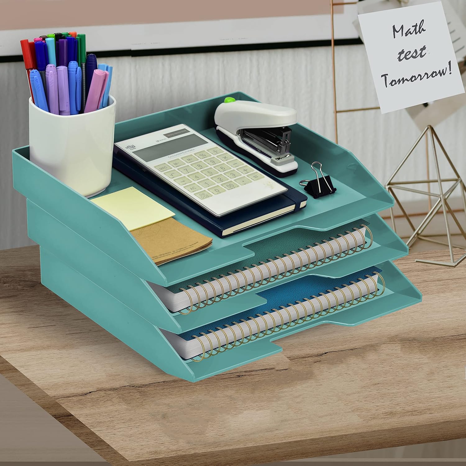 Acrimet 3 Tier Paper Organizer Letter Tray – Plastic Stackable Desk File Organizer, Side Load Paper Sorter for Letter/A4 Office File Folder Holder – Solid Green