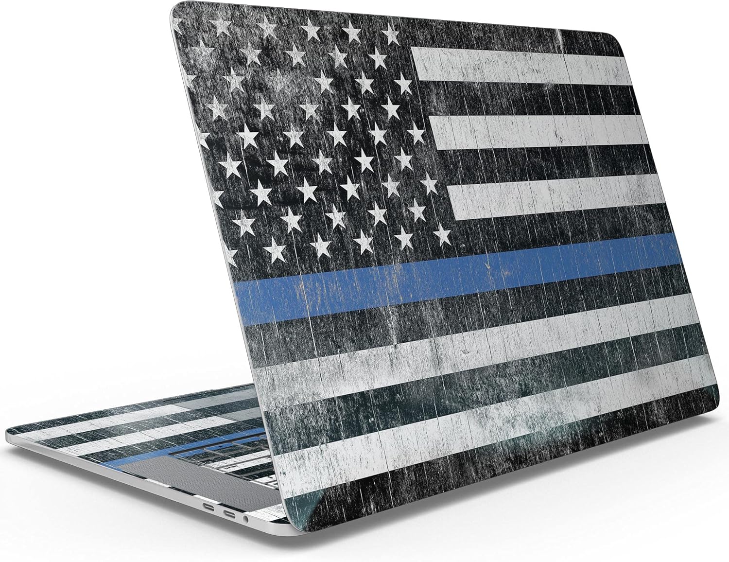 DesignSkinz - Distressed Wood Patriotic American Flag with Thin Blue Line - Full-Body Wrap Protective Decal Skin Kit Compatible with MacBook 13" Pro M1 (A2338)