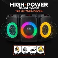 Vista 4 de Pyle Altavoz portátil Bluetooth para fiestas con woofer de 8 pulgadas, función TWS, batería recargable de 100W, entrada de micrófono, eco, control