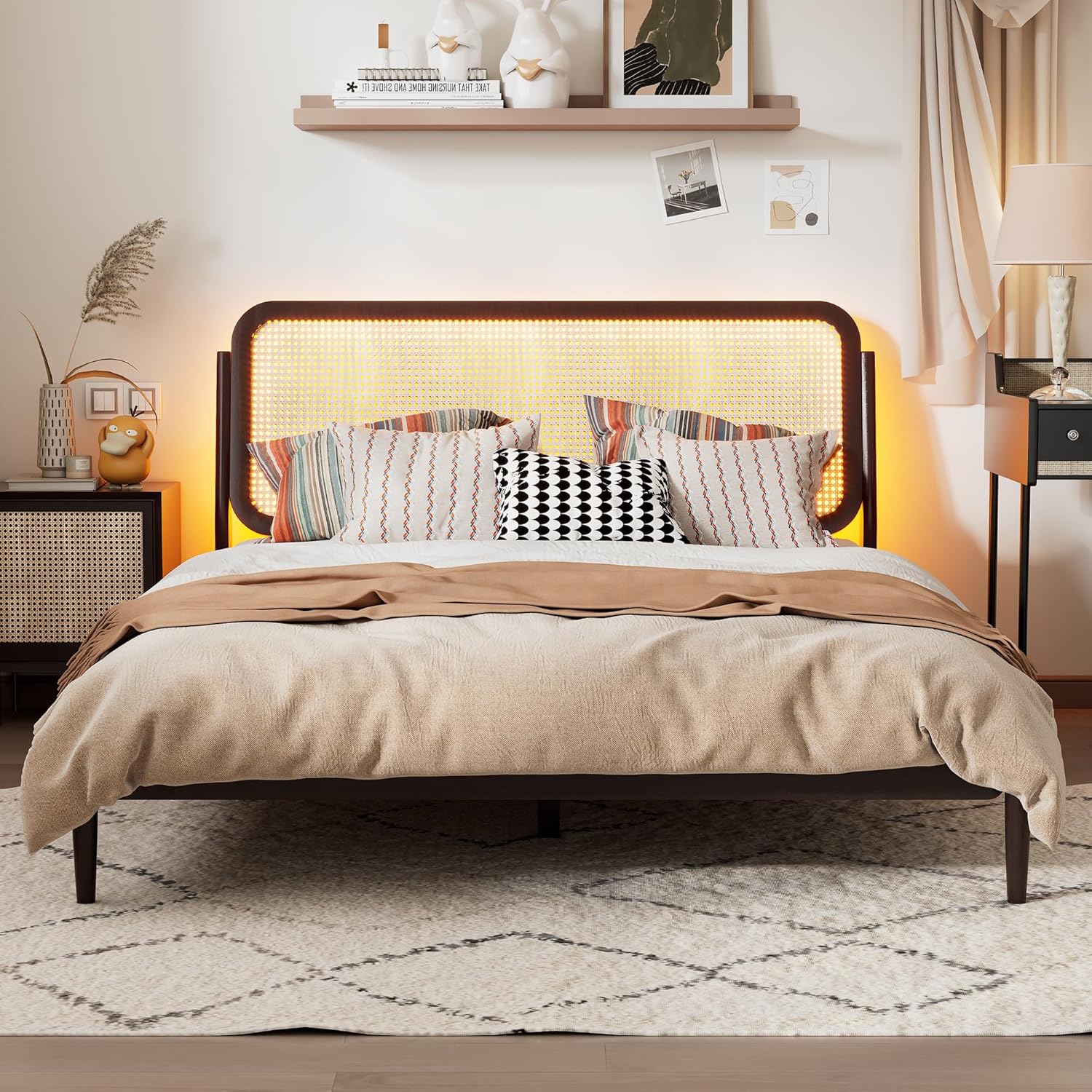 Queen Size Wood Platform Bed Frame with Natural Rattan Headboard Boho Platform Bed Frame with Led Lights Strong Wooden Slats for Girls,Boys,Kids,Teens, Adults (Antique Espresso-@RT)