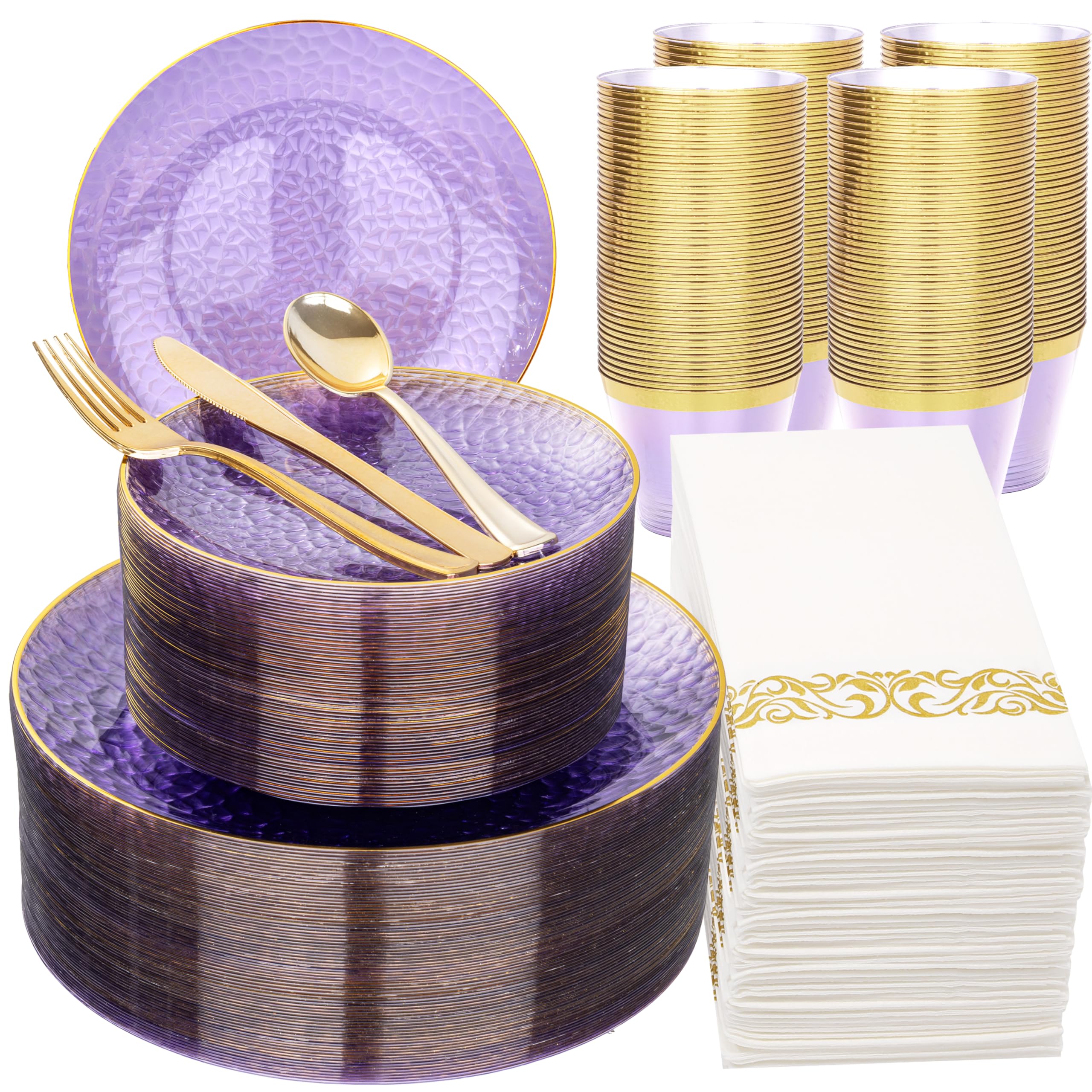 Photo 1 of Rubtlamp 350 Pcs Clear Purple Plastic Plates, Gold Plastic Dinnerware Set (50 Guests), Purple Disposable Plates With Gold Rim, Hammered Party Plates Set for Wedding And Party