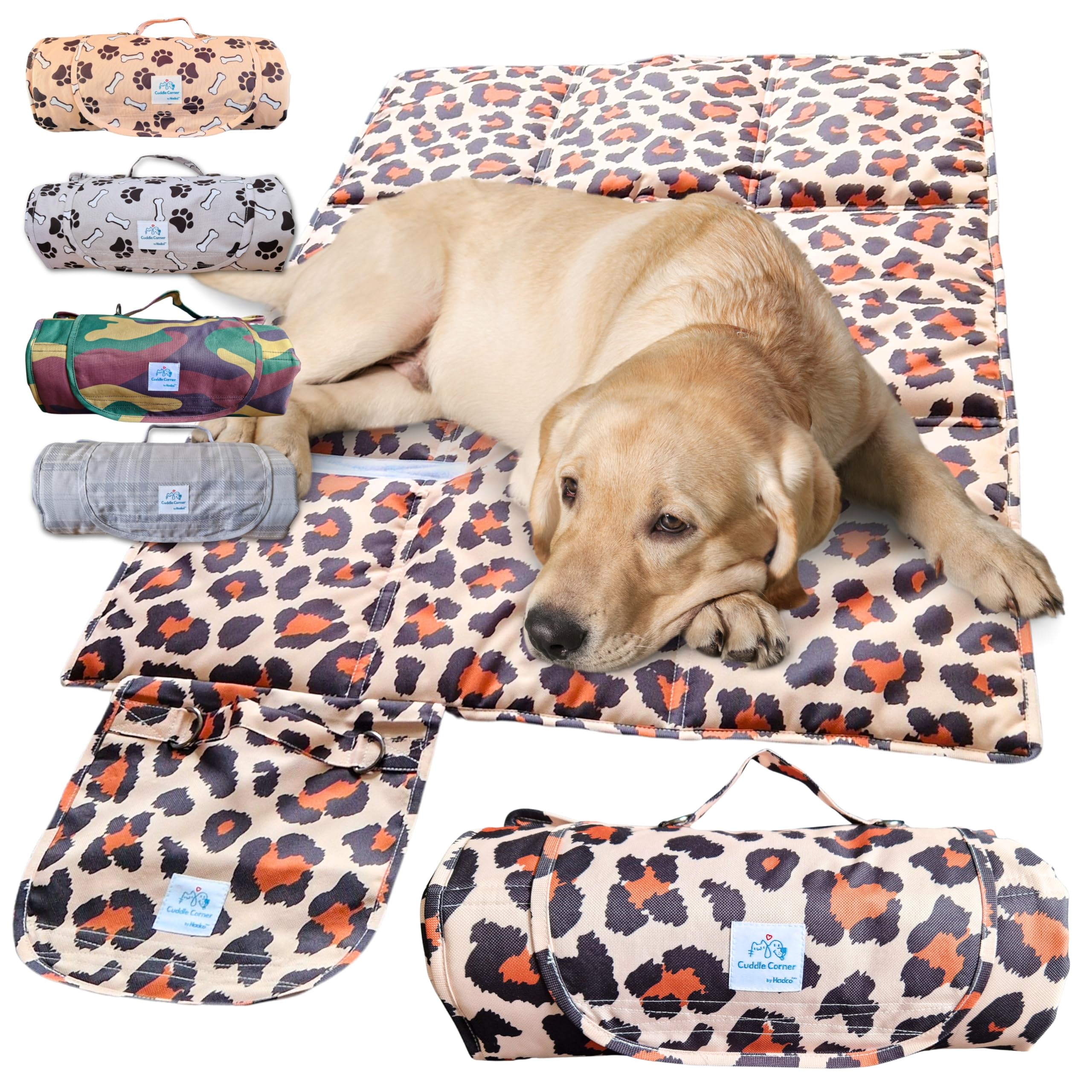 Cuddle Corner Dog Mat – Waterproof Travel Mat/Settle Mat, 100×70cm, Non-Slip, Foldable, Washable Oxford Fabric with Carry Handle – Portable Dog Bed for Home, Crate, Car & Camping (Leopard Print)