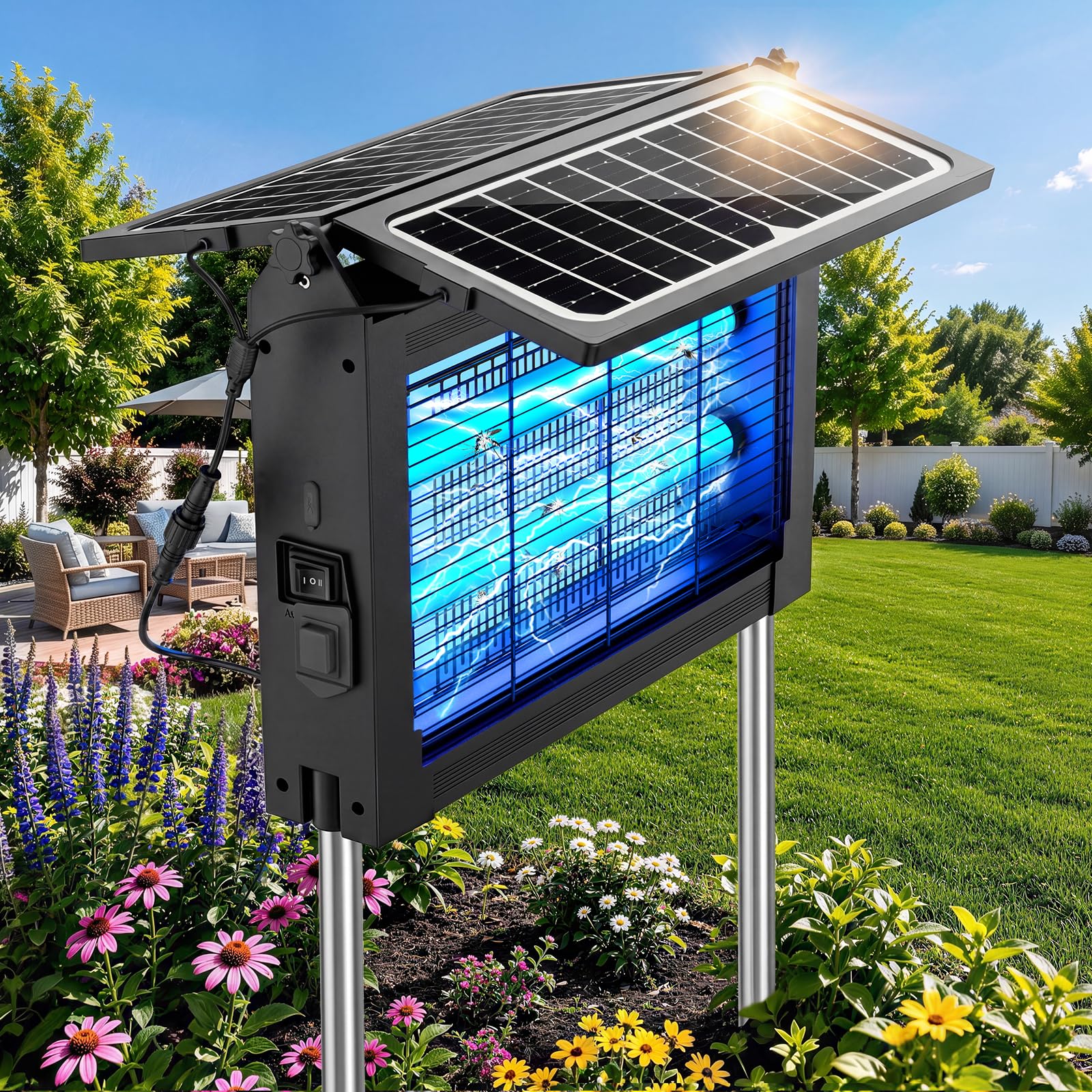 Eliminador de insectos solar mejorado para exteriores con paneles duales, 4500 V, inalámbrico, recargable, matamoscas para moscas, impermeable, eléctrico, para patio, jardín, patio, caravana, camping
