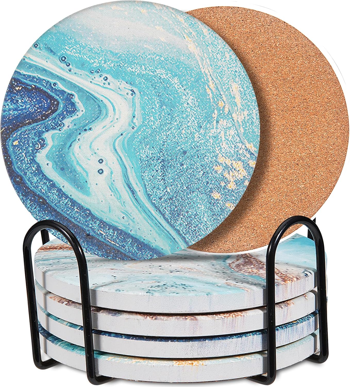 3-Pcs 7'' Ceramic Marble Style Trivet with Holder, Absorbent Trivets for Hot Dishes, Cork Bottom Anti-Slip Trivet Mats for Hot Pots and Pans