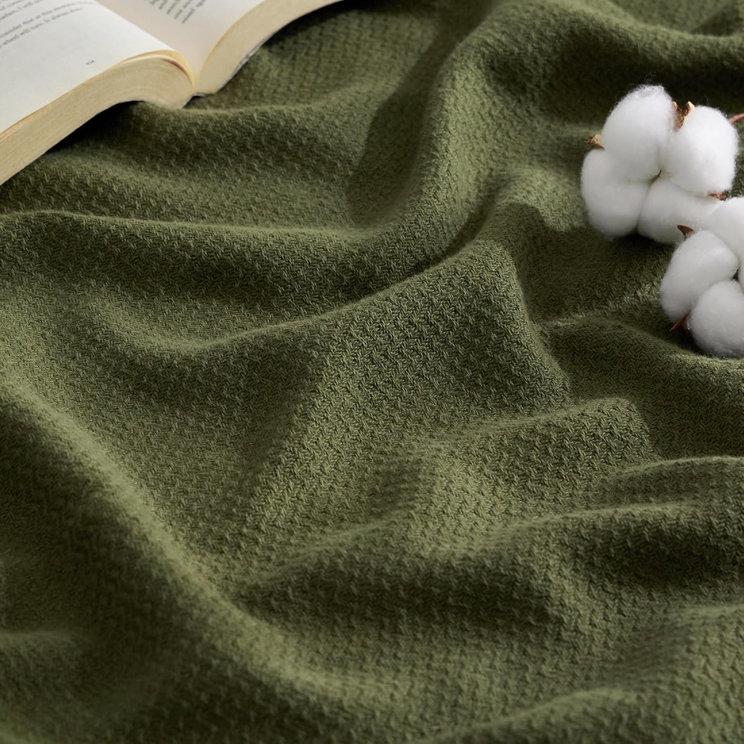 Bedsure 100% Cotton Blanket Queen Size for Bed - Breathable and Lightweight, Soft Cozy Textured Herringbone Woven Blanket for Summer Spring, Olive Green, 90x90 inches