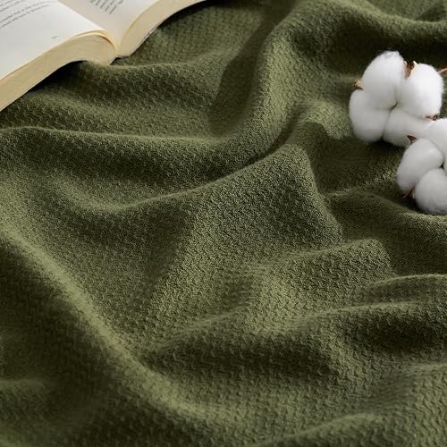 Bedsure GentleSoft 100% Cotton Blanket Queen Size for Bed - Breathable and Lightweight, Soft Cozy Textured Herringbone Woven Blanket for Summer, Olive Green, 90x90 inches