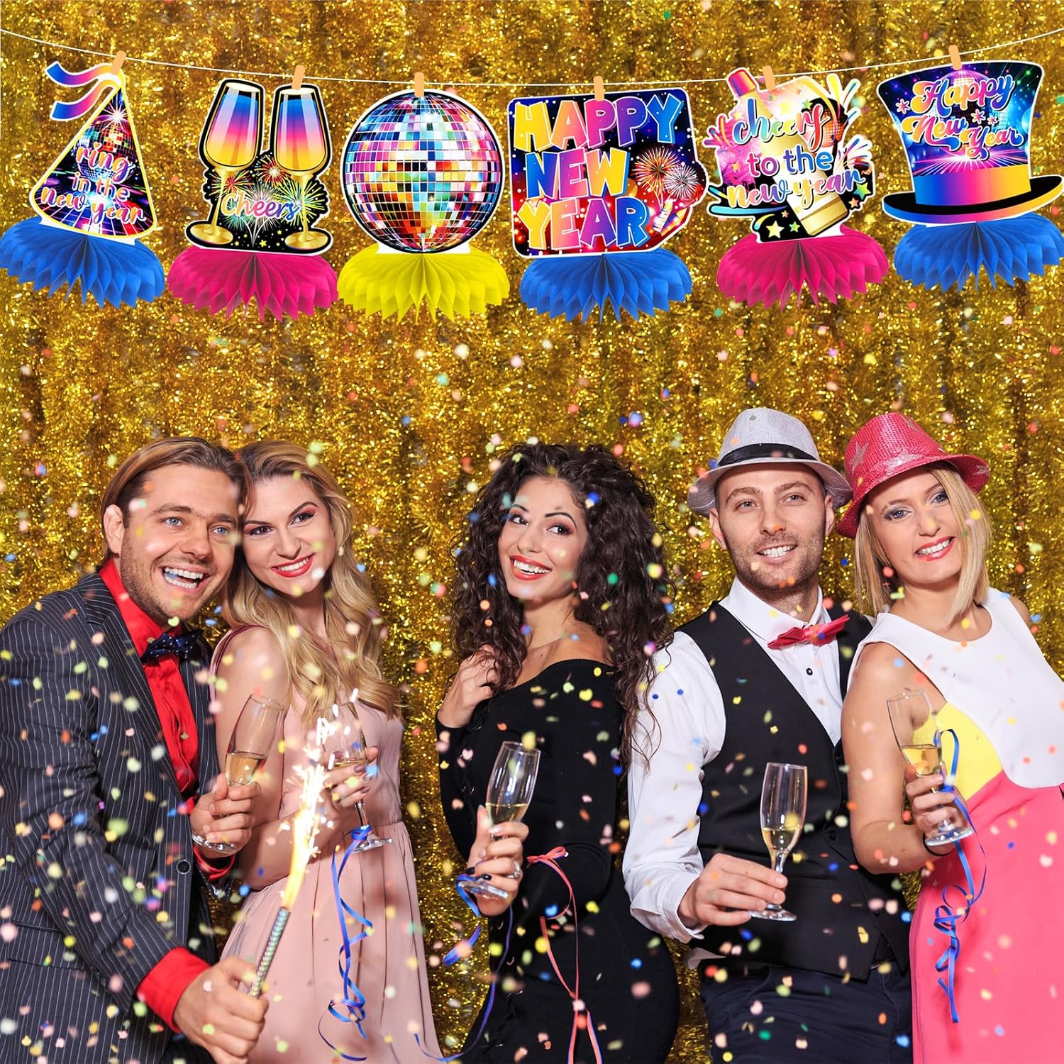 HOWAF 9pcs Happy New Year Honeycomb Centerpieces, New Years Decorations Colorful Glitter Disco New Year Table Centerpieces for 2026 New Years Eve Decorations NYE Table Topper