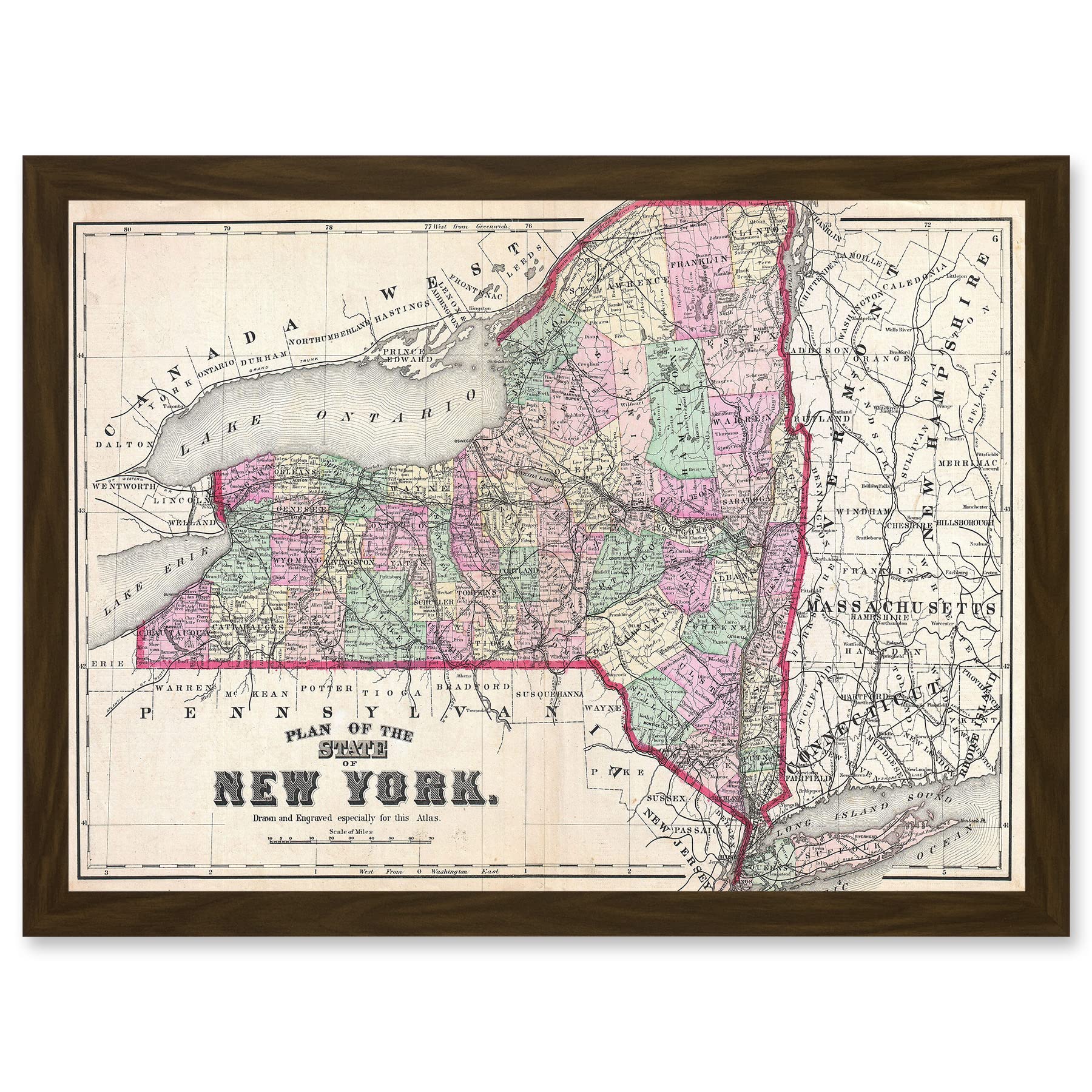 1873 Beers Map New York State Long Island Brooklyn Vintage A4 Artwork Framed Wall Art Print - Artery8