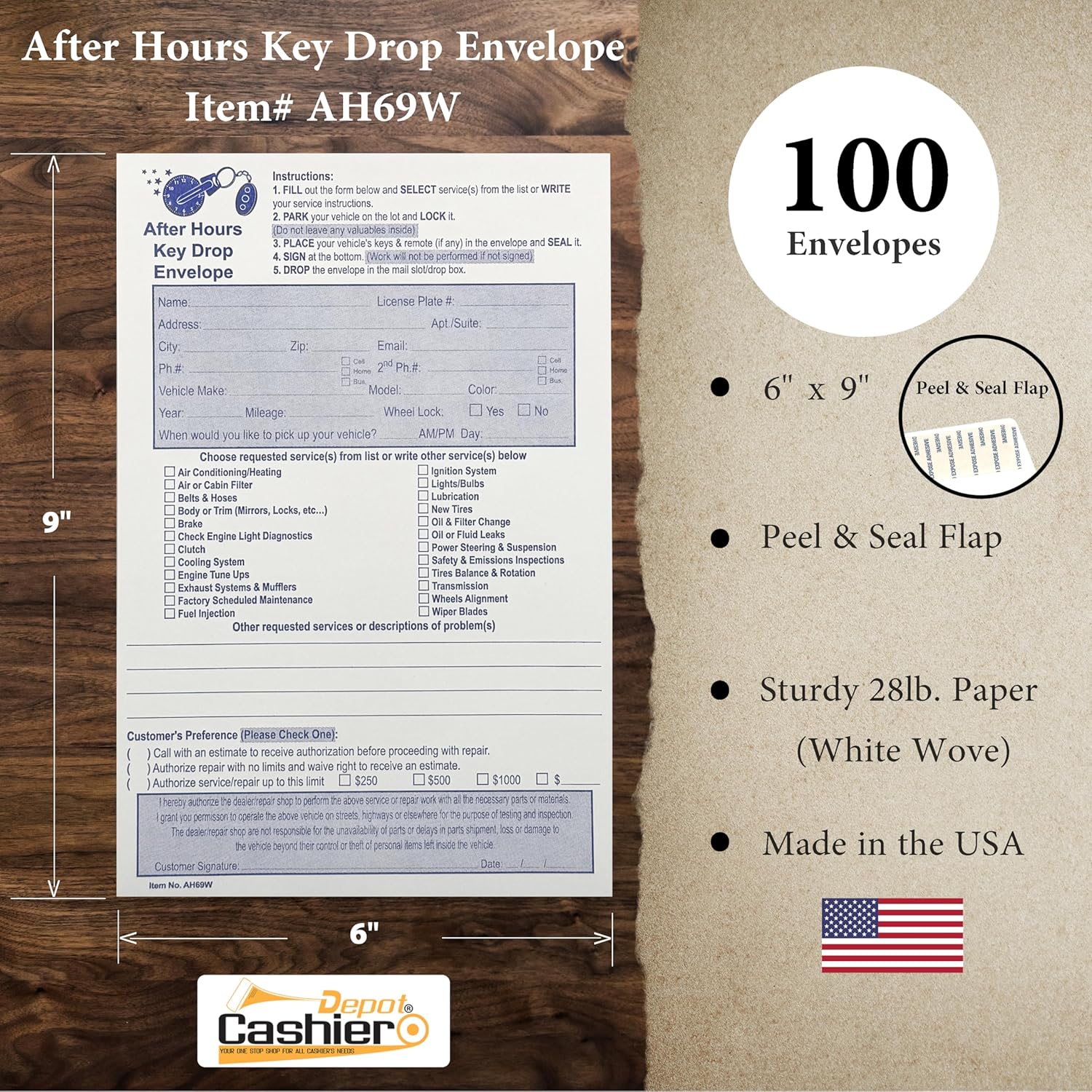 100 Cashier Depot - After Hours Key Drop Envelopes AH69W, 6" x 9", White 28lb Paper, Open End with Peel & Seal – Night Drop Service Envelopes for Auto Repair Shops, Garages & Car Dealers, 100 Count
