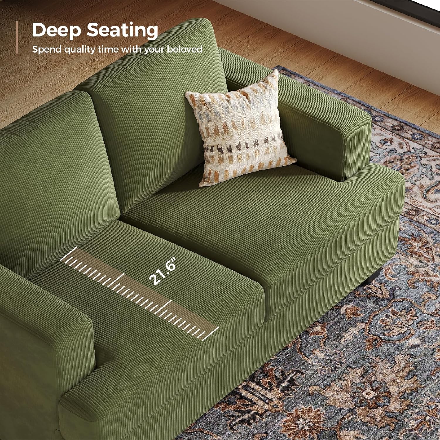 COPIAE 63 Inch Sofa with Extra Deep Seats Oversize, Corduroy Fabric 2 Seater Sofa for Living Room,Modern Couch and Loveseat, Comfy Armrests and Seats and Backrests, Easy Installation, Green