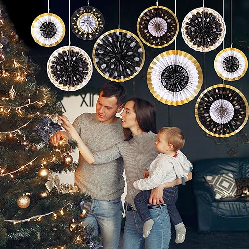 Miniatura 4 de Outus 9 piezas de decoración colgante de Nochevieja, abanicos de papel 2024, fanáticos de fiesta de Año Nuevo, abanicos de papel colgantes negro y