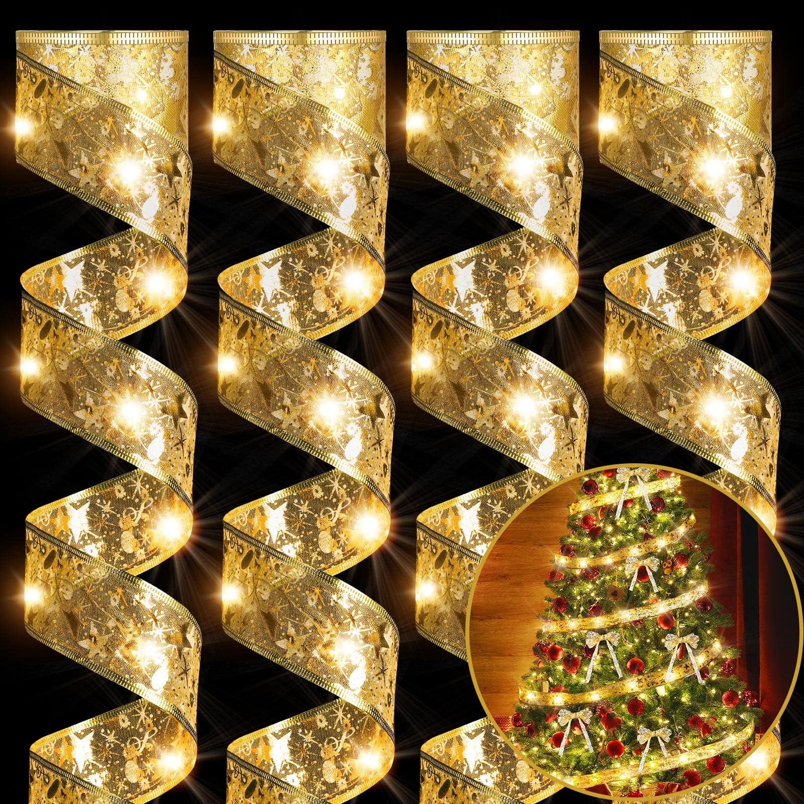 Sherr 4 Pcs 79ft Christmas Ribbon Lights Christmas Tree Decorations 240 LED Lights Fairy Lights Xmas Ribbon Battery Powered Operated Indoor String Lights Holiday Party Decoration(Gold)