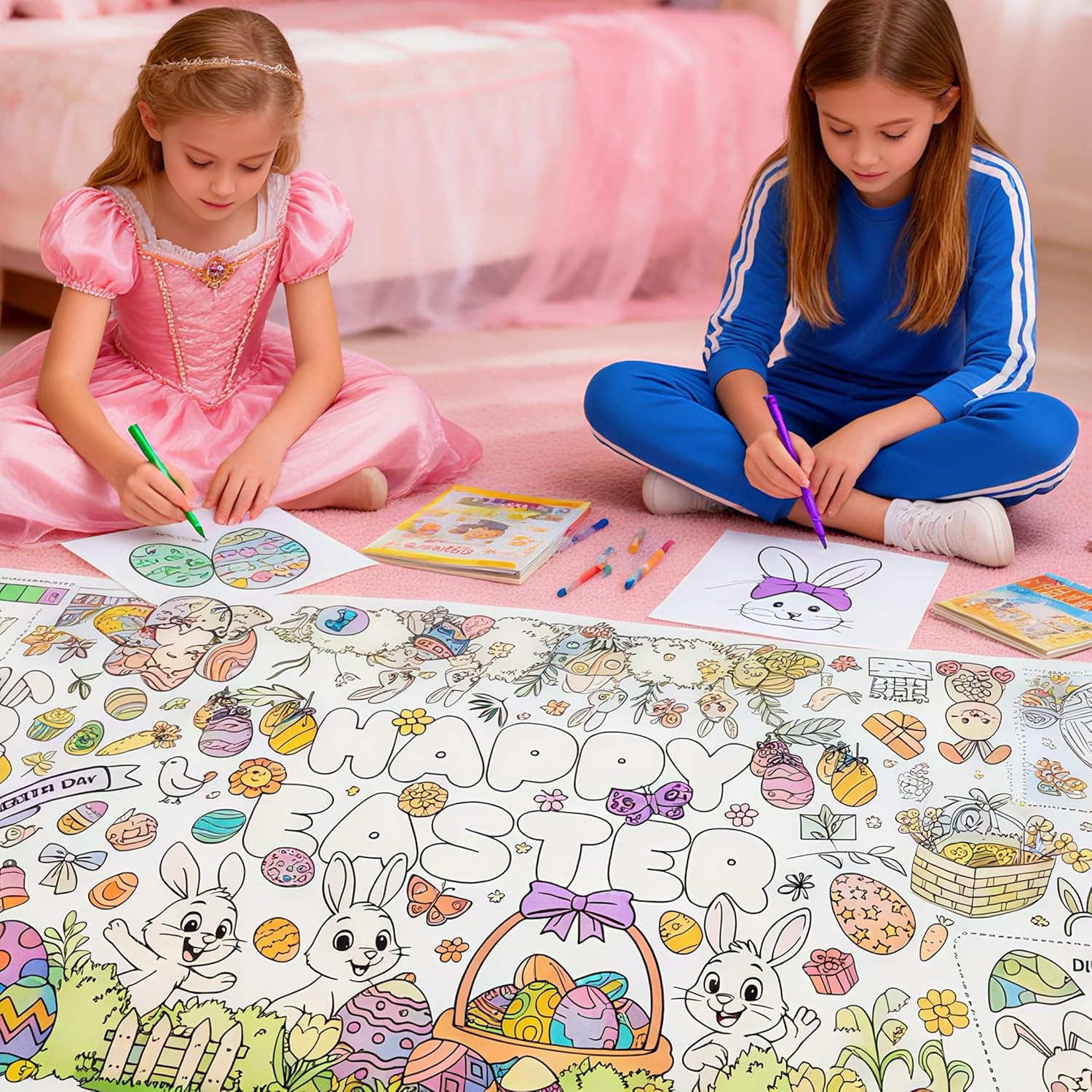 Kids Coloring Tablecloth, Easter Bunny Egg Chick Theme Paper Coloring Poster, 31 x 72 Inch Spring Holiday Coloring Activity Party Table Cover