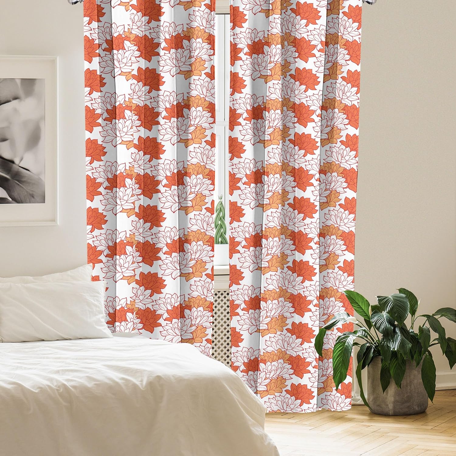 Ambesonne Orange Window Curtains, Blossoming Hand Drawn Lotus Leaves Garden Flowers Botanical Nature Theme, Lightweight Decor 2-Panel Set with Rod Pocket, Pair of - 28" x 95", Orange Salmon