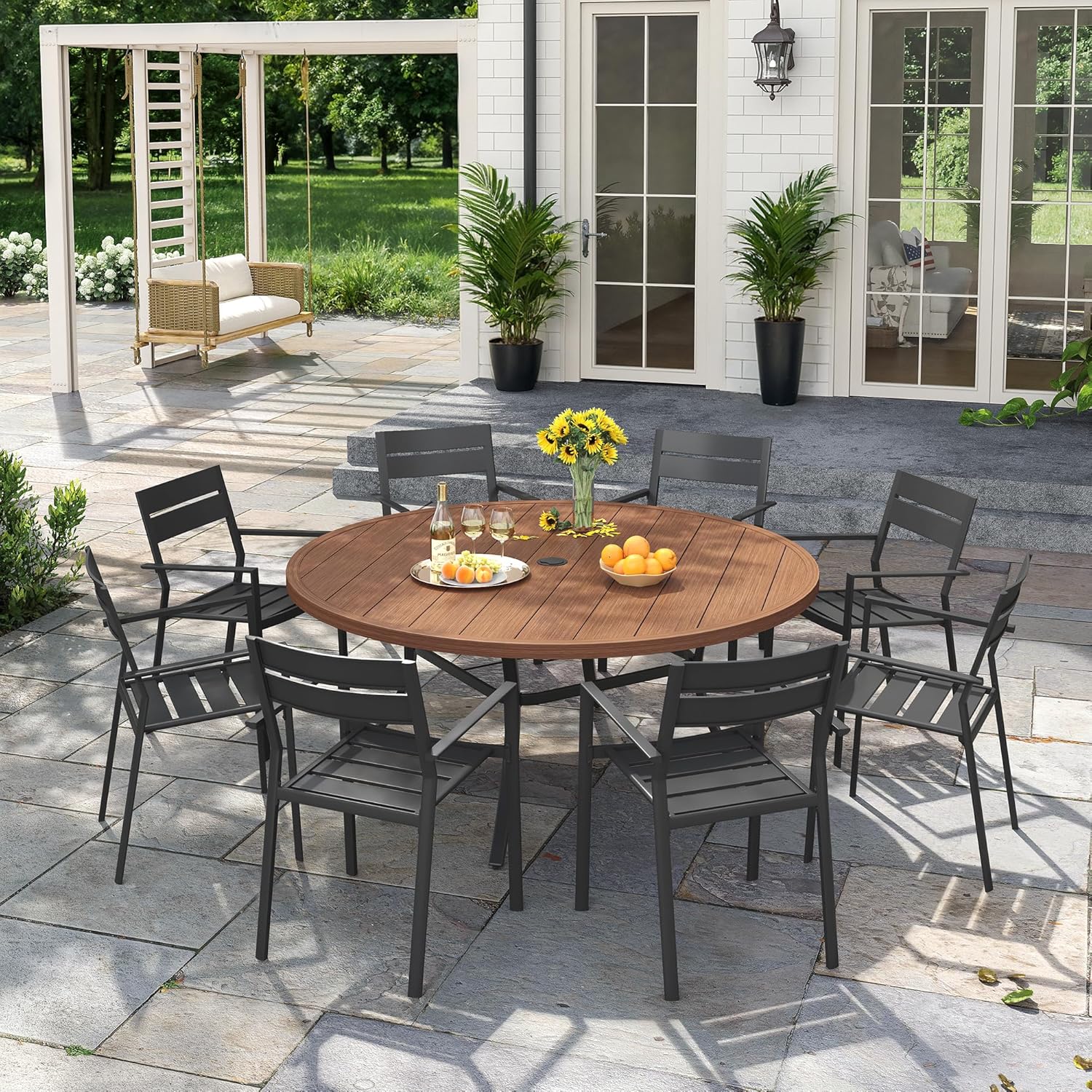 VICLLAX Patio 9 Pieces Outdoor Dining Set, Wrought Iron Metal Outdoor Table and Chairs Set, 53" Round Table with Umbrella Hole and 8 Stackable Chairs for Lawn, Garden, Porch, Walnut/Black