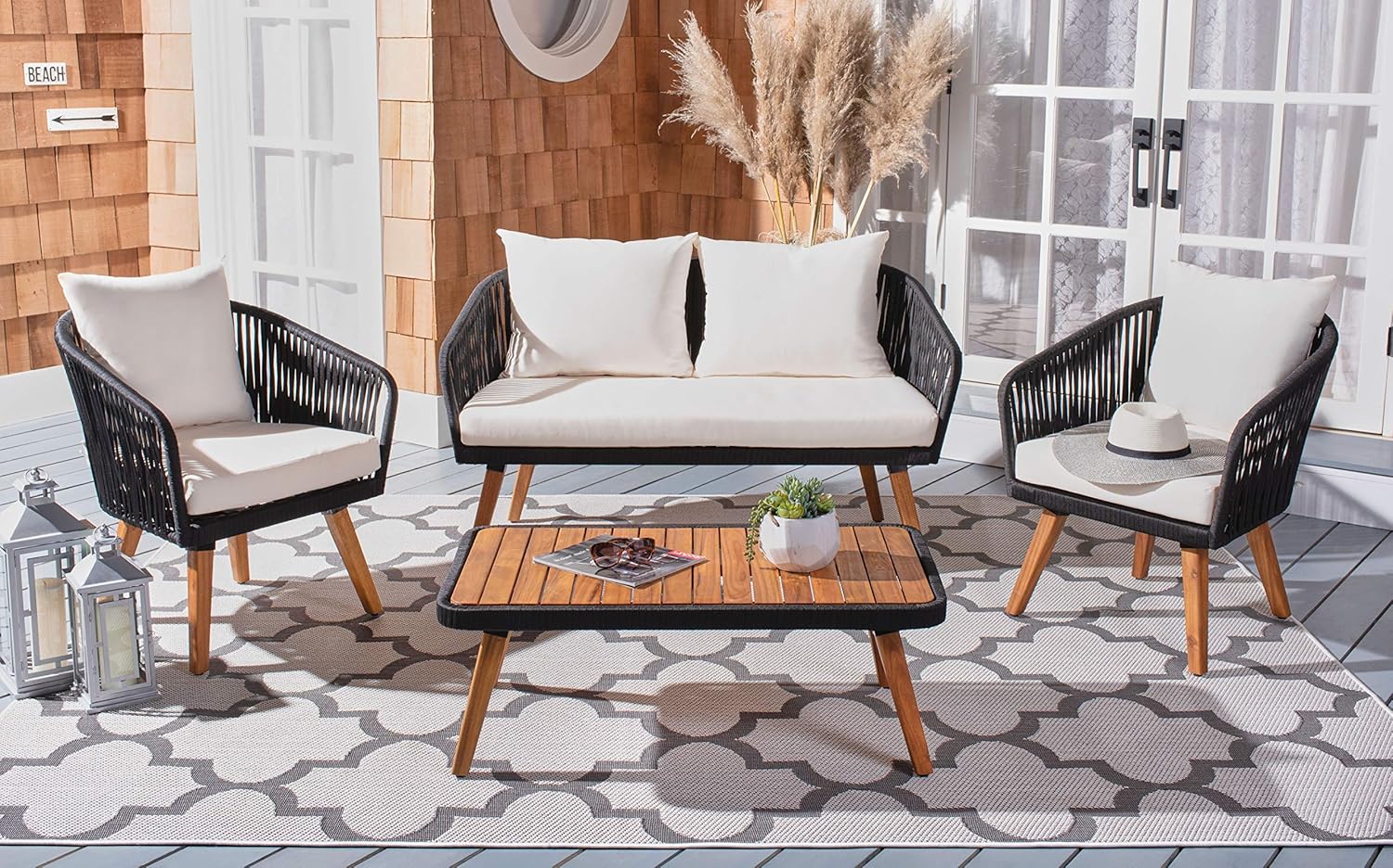 SAFAVIEH Outdoor Collection Ransin Black/Beige/Natural Solid Wood 4-Piece Conversation Patio Set
