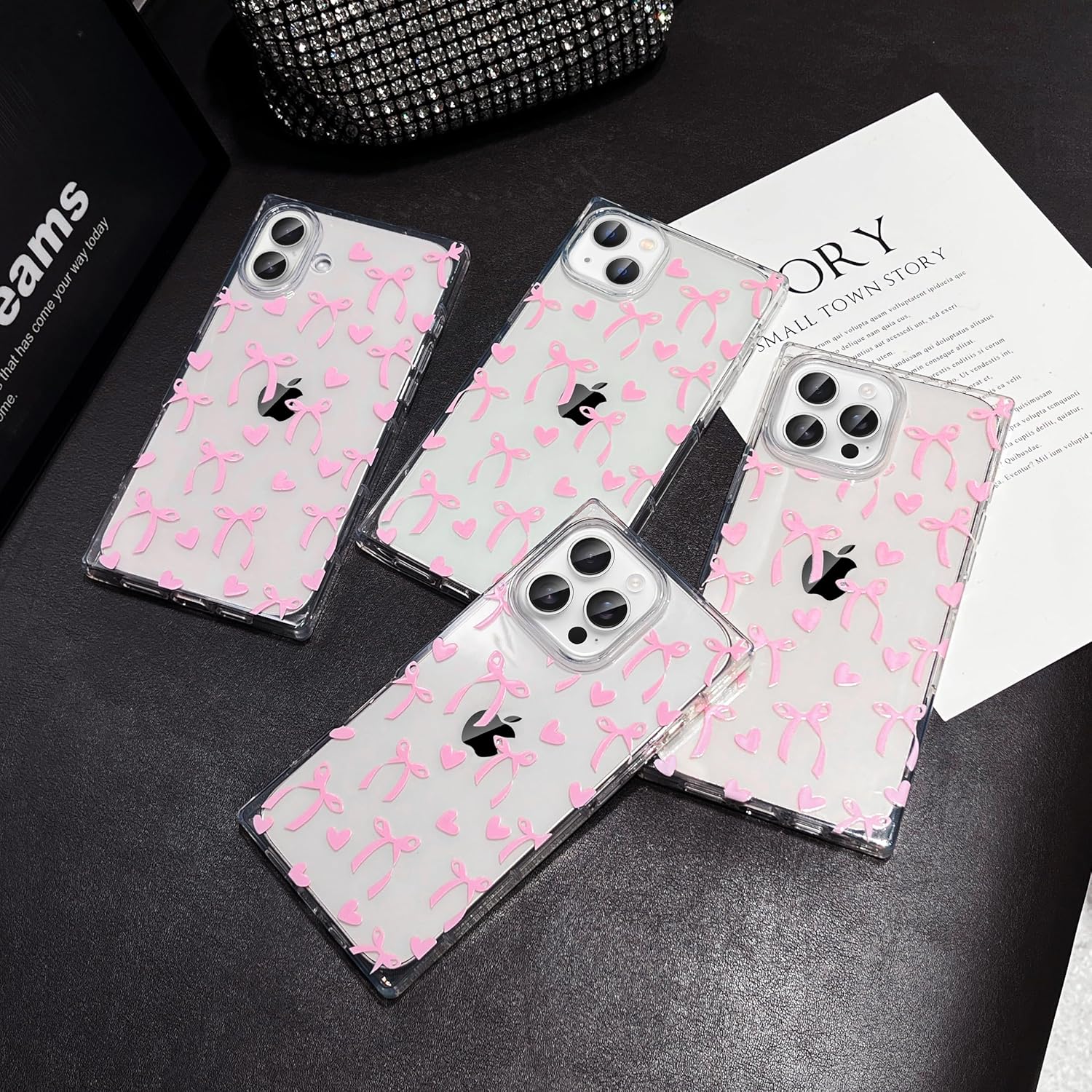 Jmltech for iPhone 16 Pro Max Case Cute Women Girly Clear Silicone Rectangle Edge Bowknot Print Hearts Transparent Shockproof Protective Phone Cases for iPhone 16 Pro Max - Image 5