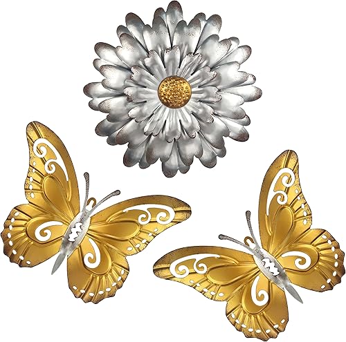JOYBee - 3 piezas de flores de metal con mariposa para decoración de pared, flores con 2 piezas de mariposa, primavera, patio, decoración de jardín