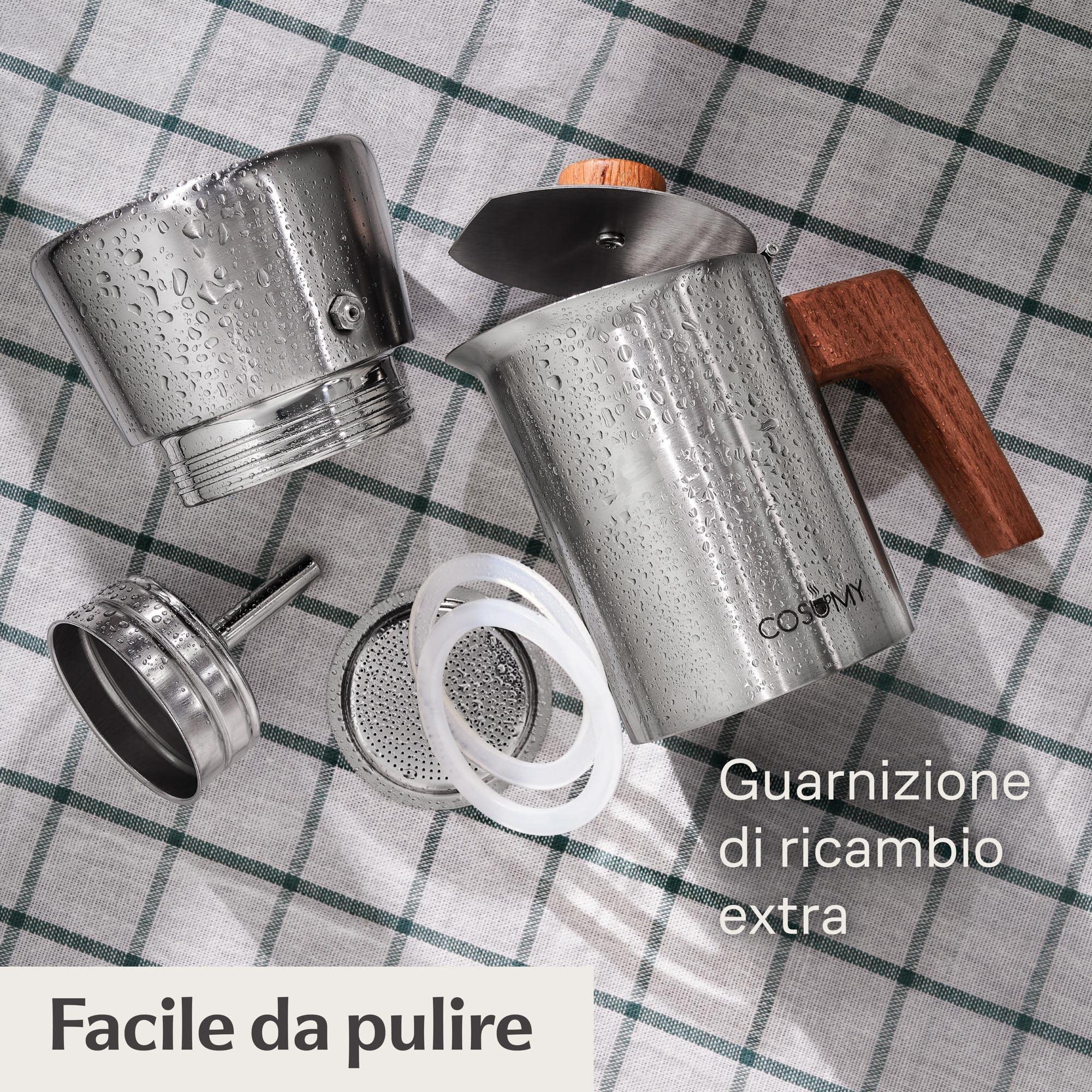 Cosumy Caffettiera Induzione Moka 300ml - Tutti gli tipi di fornelli - 6 Tazze - in Acciaio Inox e Quercia Sostenibile - Manico Anti Scottatura - Express Caffettiera