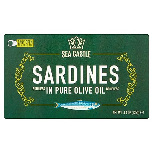 Sea Castle Sardines sin piel en aceite de oliva puro sin hueso Kosher para Passover 4,4 oz. 1 unidad.