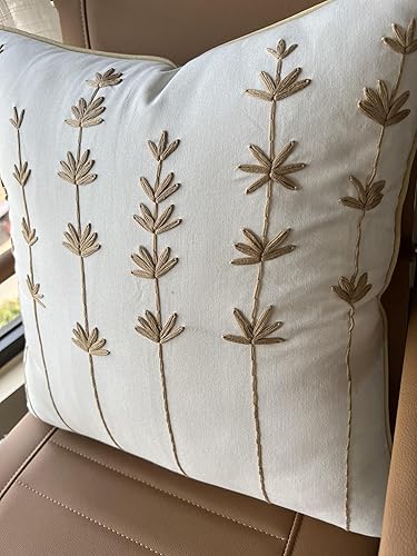 Miniatura 9 de Funda de almohada decorativa cuadrada de lino bordada a mano, para dormitorio principal, nuevo hogar, aniversario, granja, sofá, margarita, marfil,