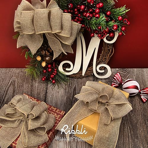 Vista 41 de Ribbli Cinta con alambre de arpillera azul marino, 2-1/2 pulgadas x 10 yardas continuas, cinta con borde con alambre para lazo grande, corona