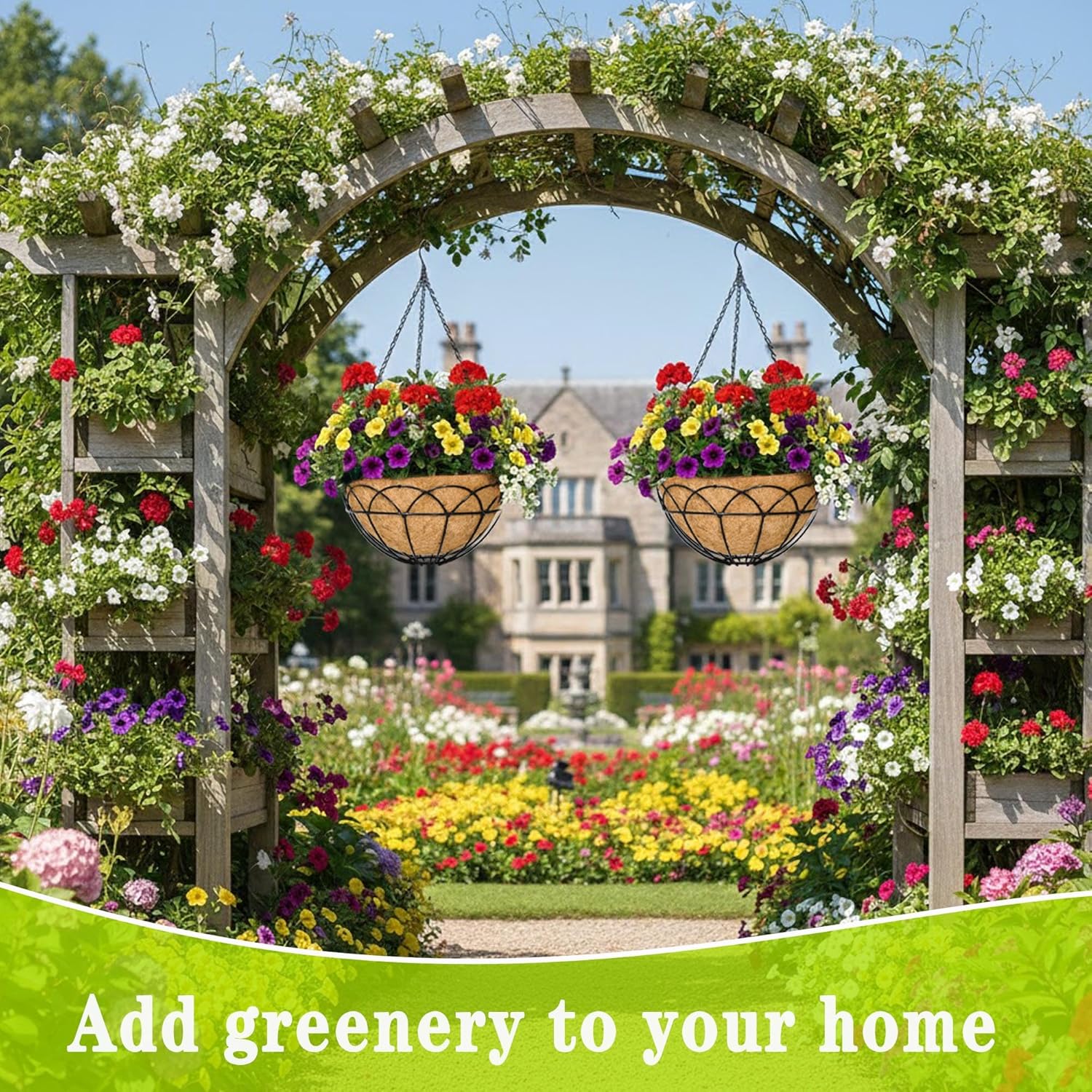 4 Pack 12 Inch Black Wire Hanging Planter with Coir Fiber Outdoor Round Hanging Basket with Metal Chain for Balcony Porch Farmhouse Country Style Garden Decor (Lotus Pattern)