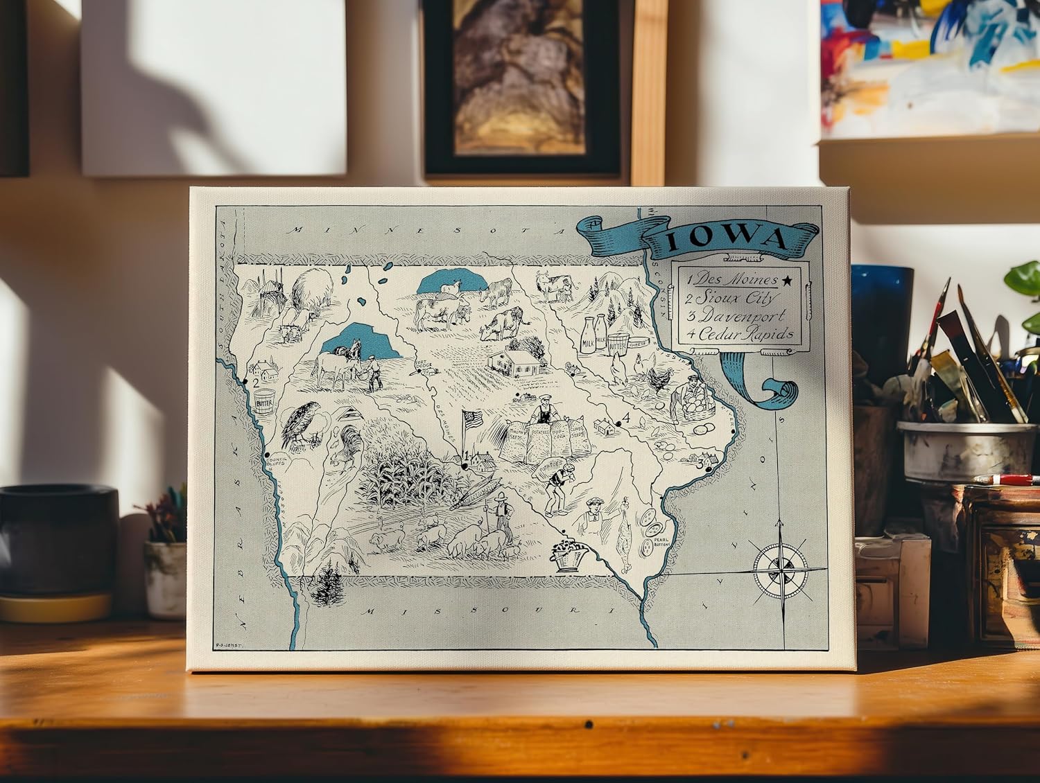 Poster Master Vintage Iowa State Canvas - Retro Map Print - Educational Art - Gift for Teacher, Student, Travel Lover - Wall Decoration for Classroom, Office, Dorm - 8x10 STRETCHED Canvas