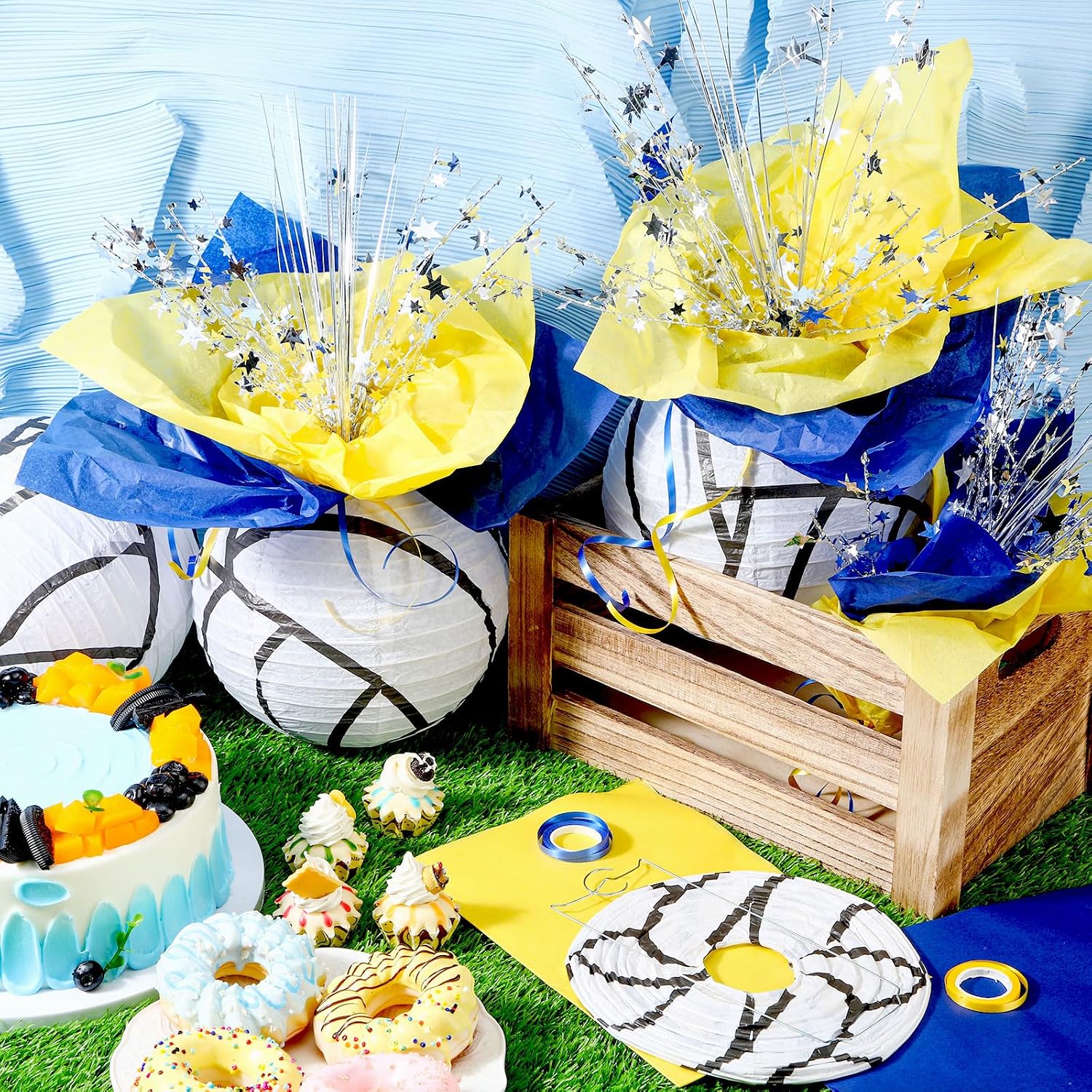 Rossesay 26 Pieces Volleyball Lantern Centerpieces Decorations Volleyball Centerpieces Supplies with Metallic Foil Spray Centerpiece Wrapping Paper and Ribbons for Volleyball Birthday