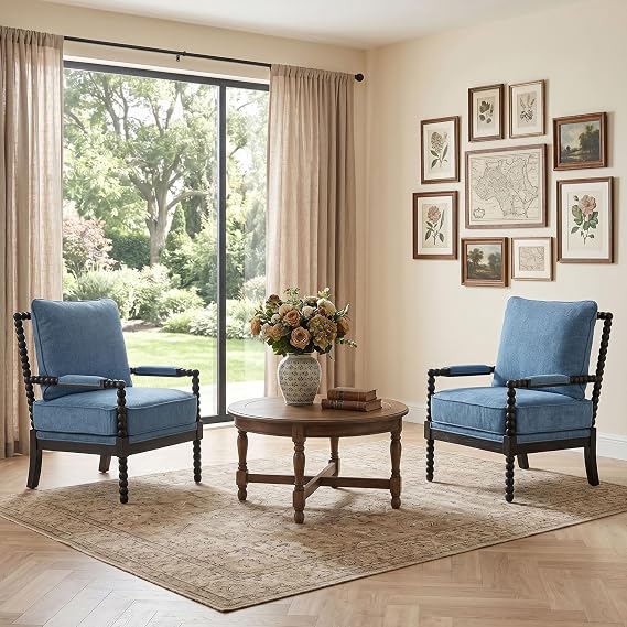 DUHOME Linen Fabric Spindle Accent Chair with Wood Frame,Modern Accent Spool Chairs with Padded Spring Seat and Brushed Blue Base for Living Room Bedroom Farmhouse Home Office Belcony