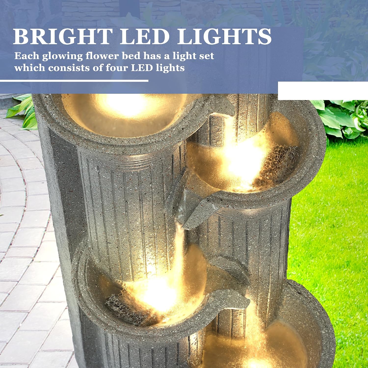 Grepatio Outdoor 5-Tiers Cascading Water Fountain, Garden Waterfalls Fountain with LED Lights, 24" H Modern Indoor Floor Standing Water Fountains with Pump for Patio, Yard, Deck Decor (Light Grey)