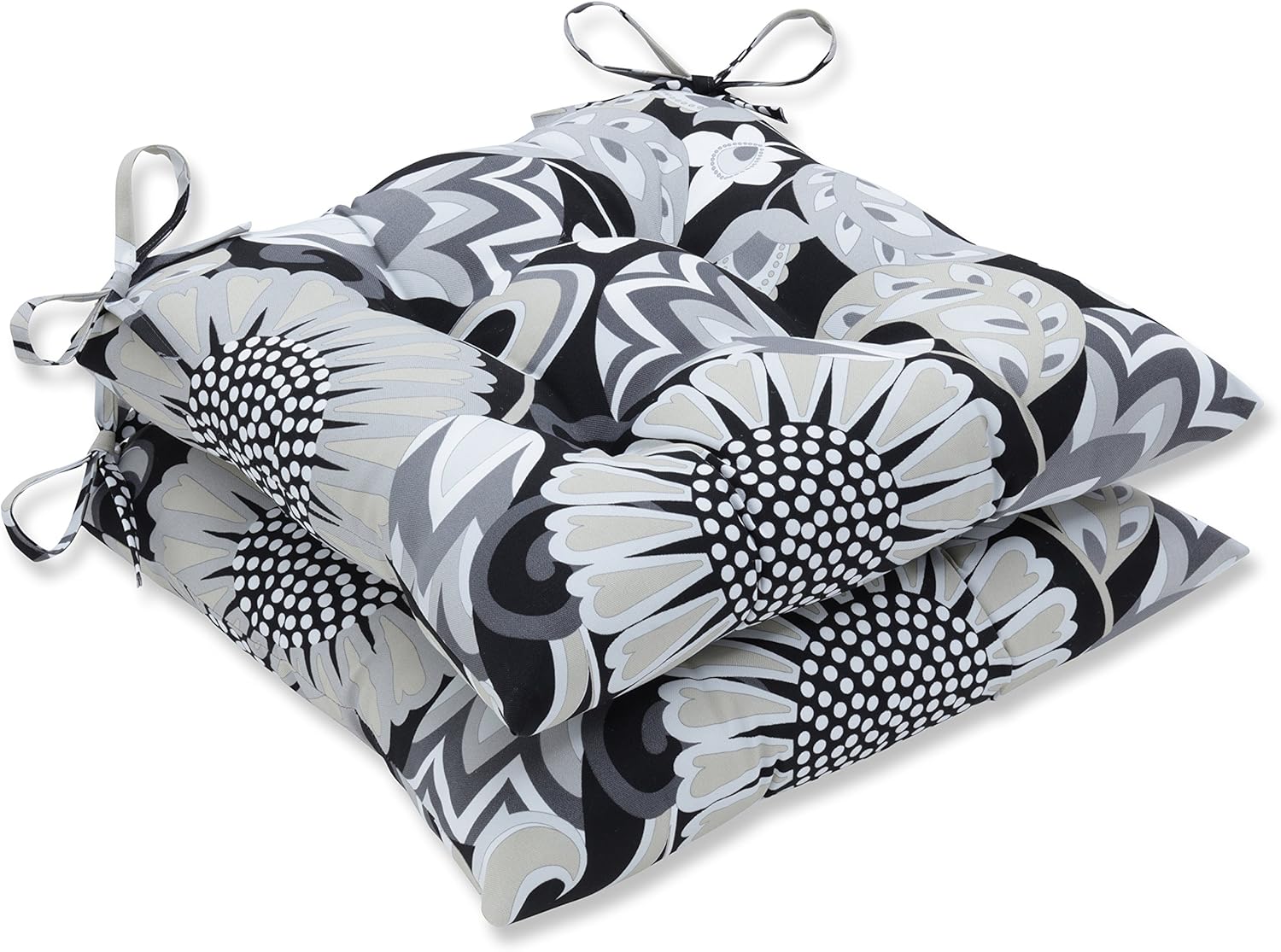 Pillow Perfect Floral Indoor/Outdoor Chair Seat Cushion with Ties, Tufted, Weather, and Fade Resistant, 18.5" x 19", Black/Yellow Crosby, 2 Count