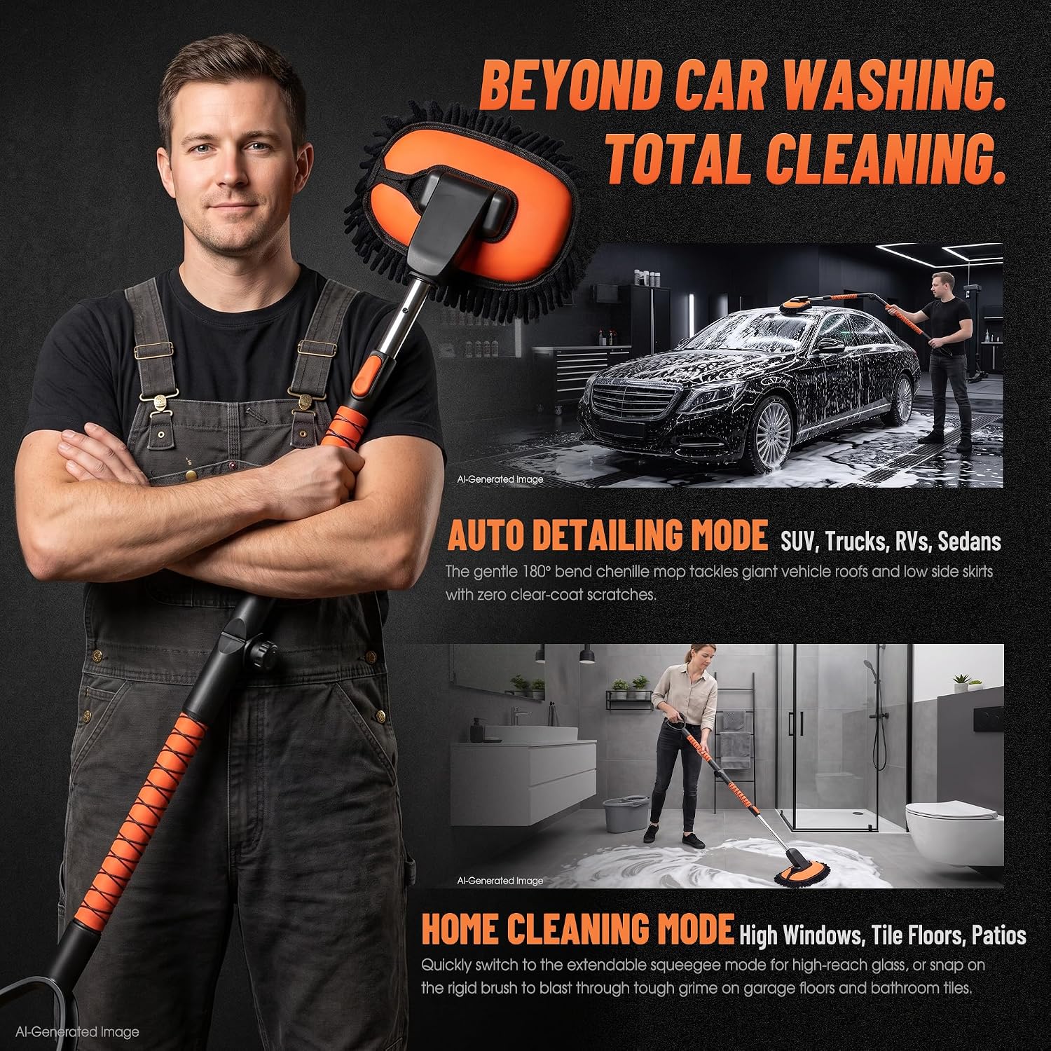 IVYROLL Car Wash Kit, 4-in-1 Car Wash Brush with Long Handle, Adjustable 180° Rotating Chenille Head, Soft Wheel Brush, Sponge & Tire Brush, Scratch-Free Cleaning Kit for Cars, SUVs, Trucks & RVs