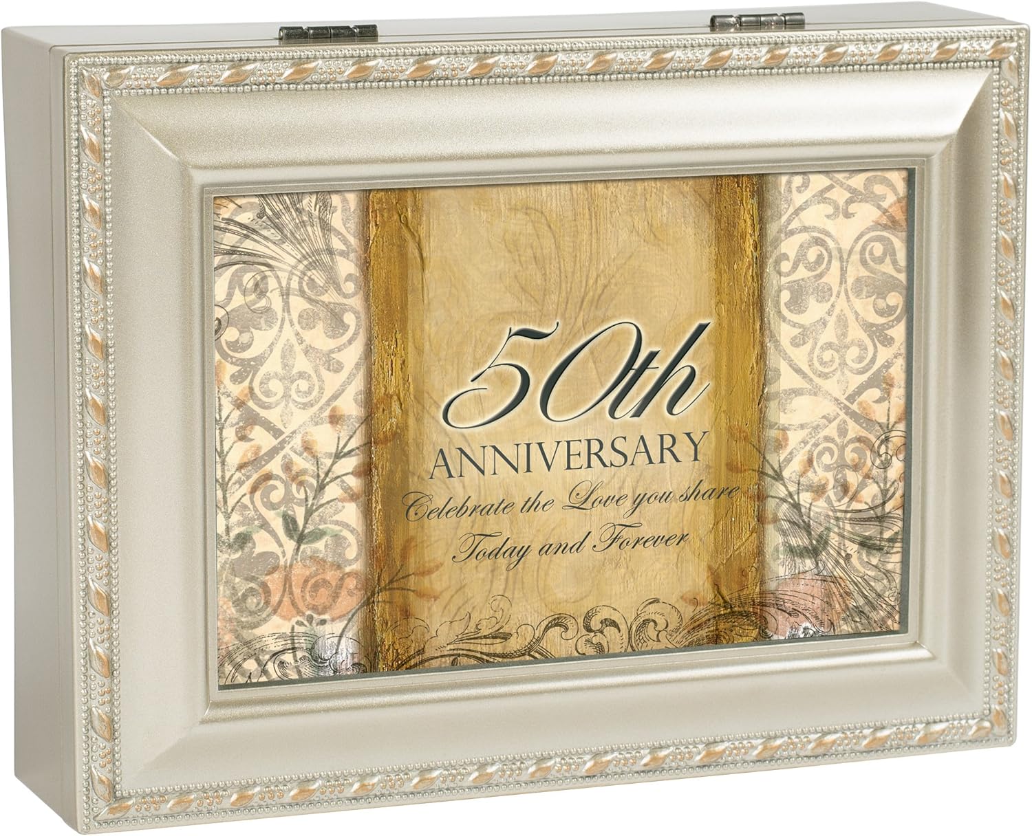 Cottage Garden 50th Anniversary Silvertone Rope Trim Jewelry Music Box Plays Amazing Grace