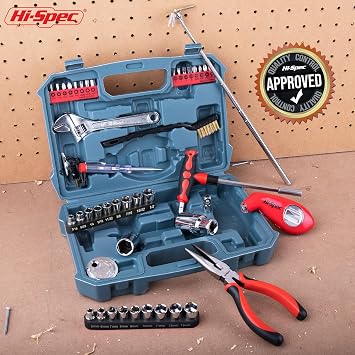 Hi-Spec Compact Auto Garage Tool Kit with Digital Tire Pressure Gauge | 65pc, socket and wrench coverage, roadside fixes, organized box, garage maintenance help, bike and vehicle tasks, quick setup