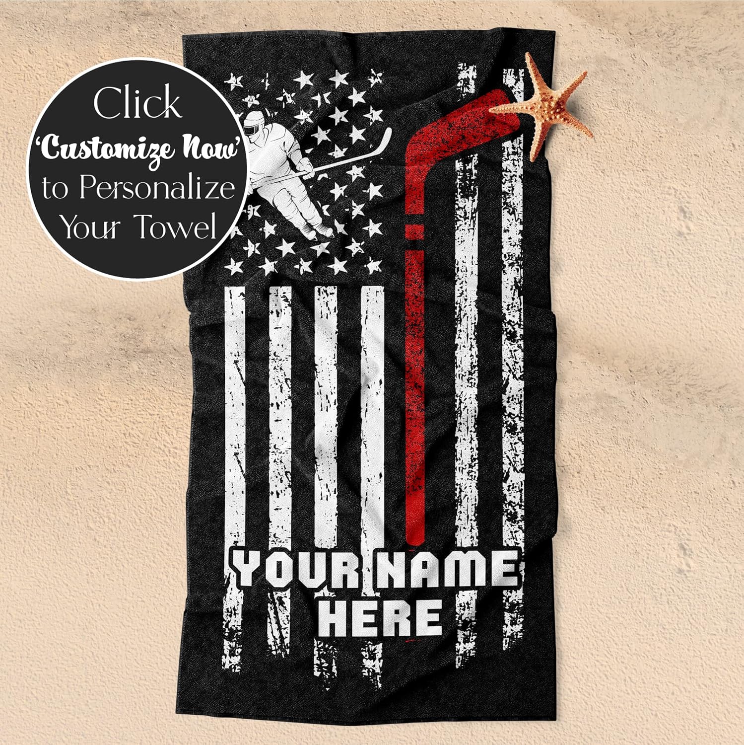 Personalized Kid’s Microfiber Beach Towel with American Flag and Hockey Player Stick Graphics for Boys, Custom Name, Soft and Absorbent Cotton, Quick Dry Pool, Bath, Travel Use, 30” x 60”