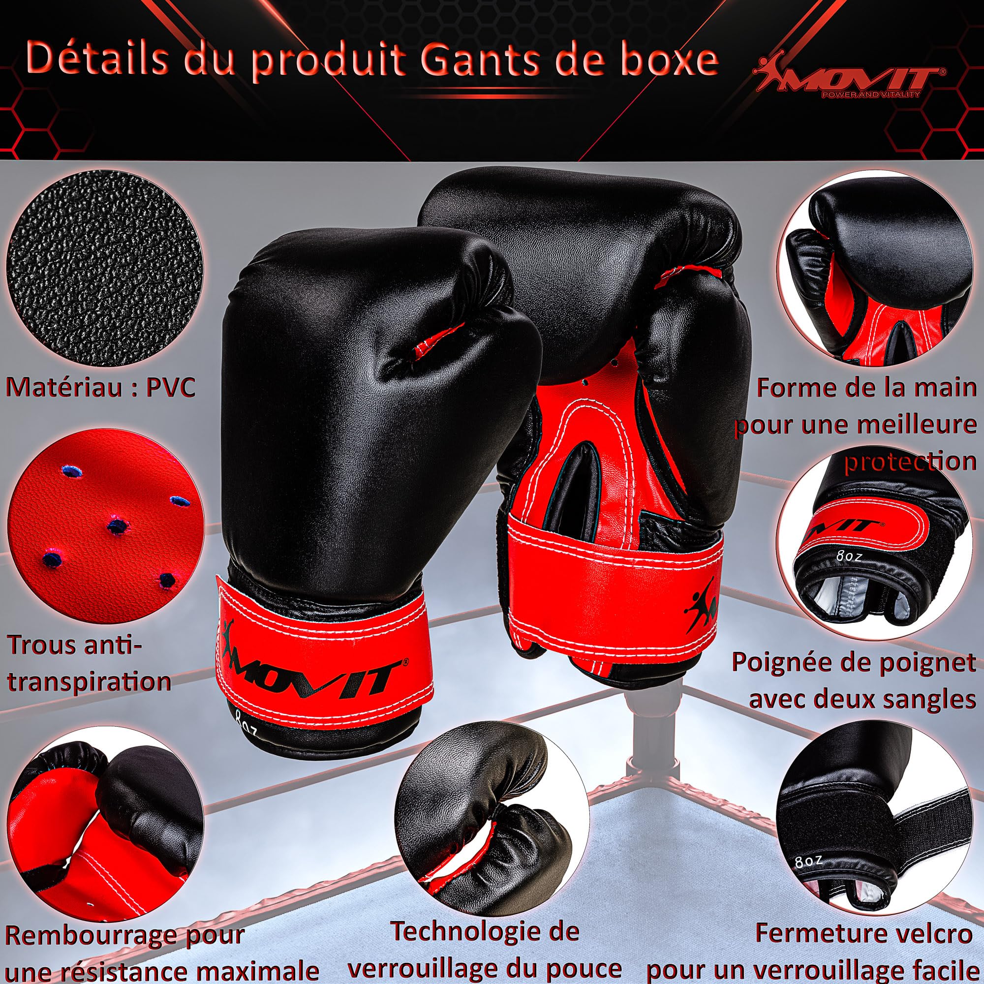 MOVIT Set de Sac de Boxe 5,5kg, rempli, y Compris Sac de Boxe, (Hauteur 60cm x diamètre 20cm), Gants de Boxe 8 oz, Bandages de Boxe et Sac, pour Enfants et Adolescents, Boxing Boxing, Rouge ou Bleu