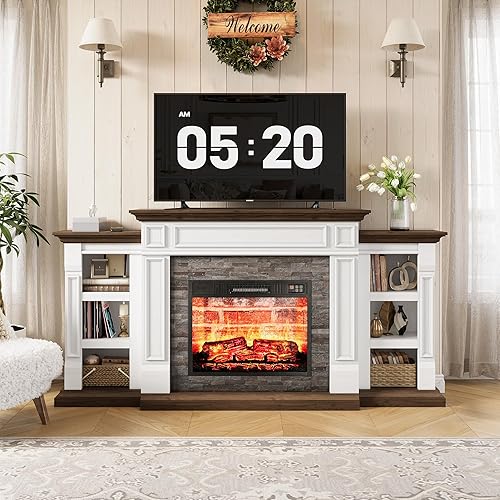 70" Fireplace TV Stand for TVs Up to 80 Inch, Electric Fireplace with Mantel, Farmhouse Entertainment Center with Storage, Realistic Stacked Stone Surround with Remote Control for Living Room