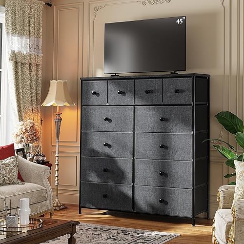 Miniatura 7 de Cómoda para Dormitorio Organizador de Cajones Cajones de Almacenamiento, Cómodas de Tela y Cajoneras, Marco de Metal Resistente, Superficie de Gris