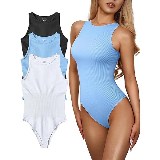 OQQ Women's 3 Piece Bodysuits Sexy Ribbed One Piece Sleeveless Halter Neck Bodysuits