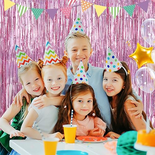 Miniatura 7 de Paquete de 3 cortinas de flecos metálicos de oropel rosa, 3.3 x 8.3 pies, telón de fondo rosa para fiestas, serpentinas de puerta, decoraciones de